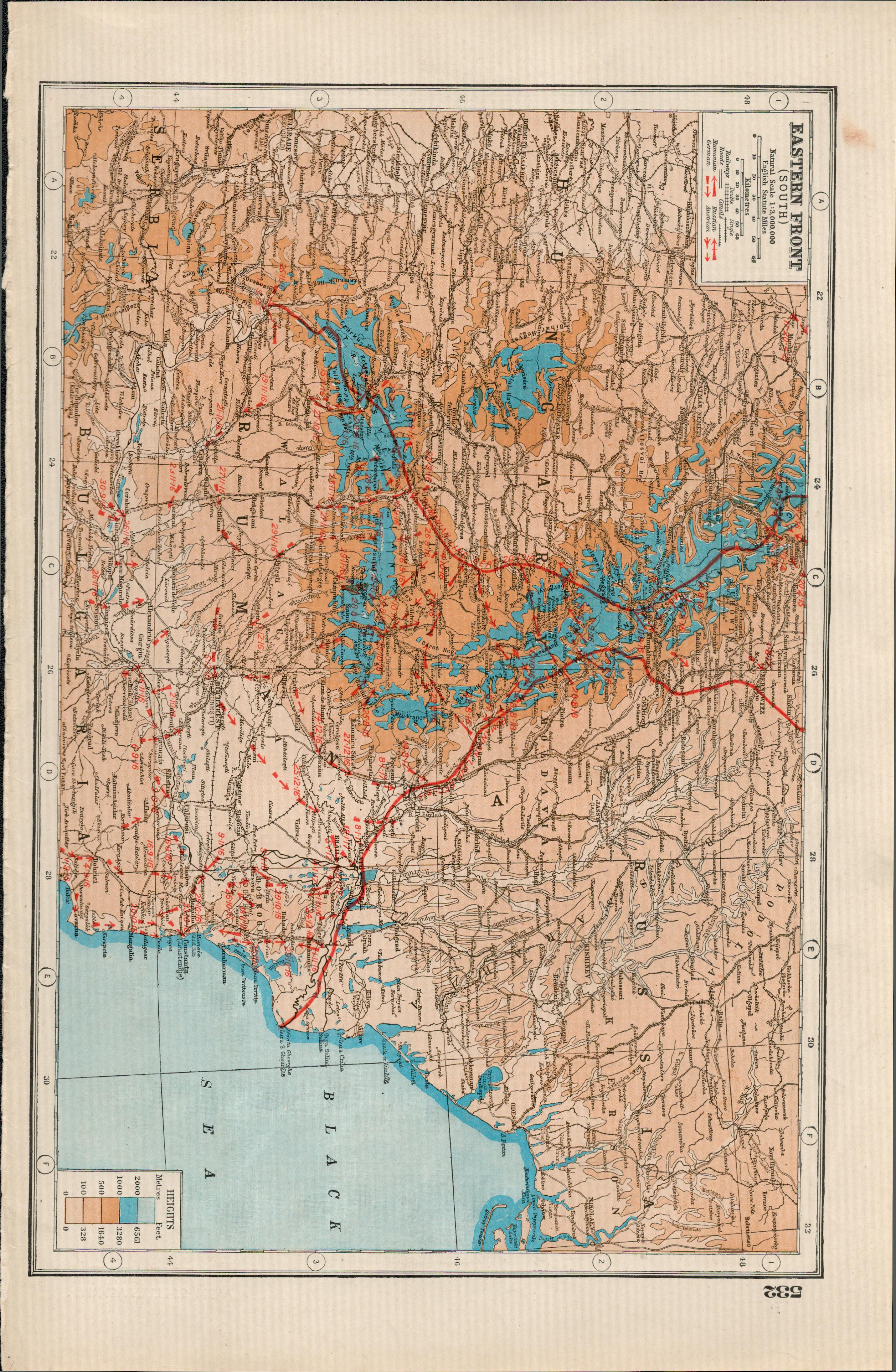 WW1 Along The Eastern Front (South) Antique 1922 Coloured Map-532