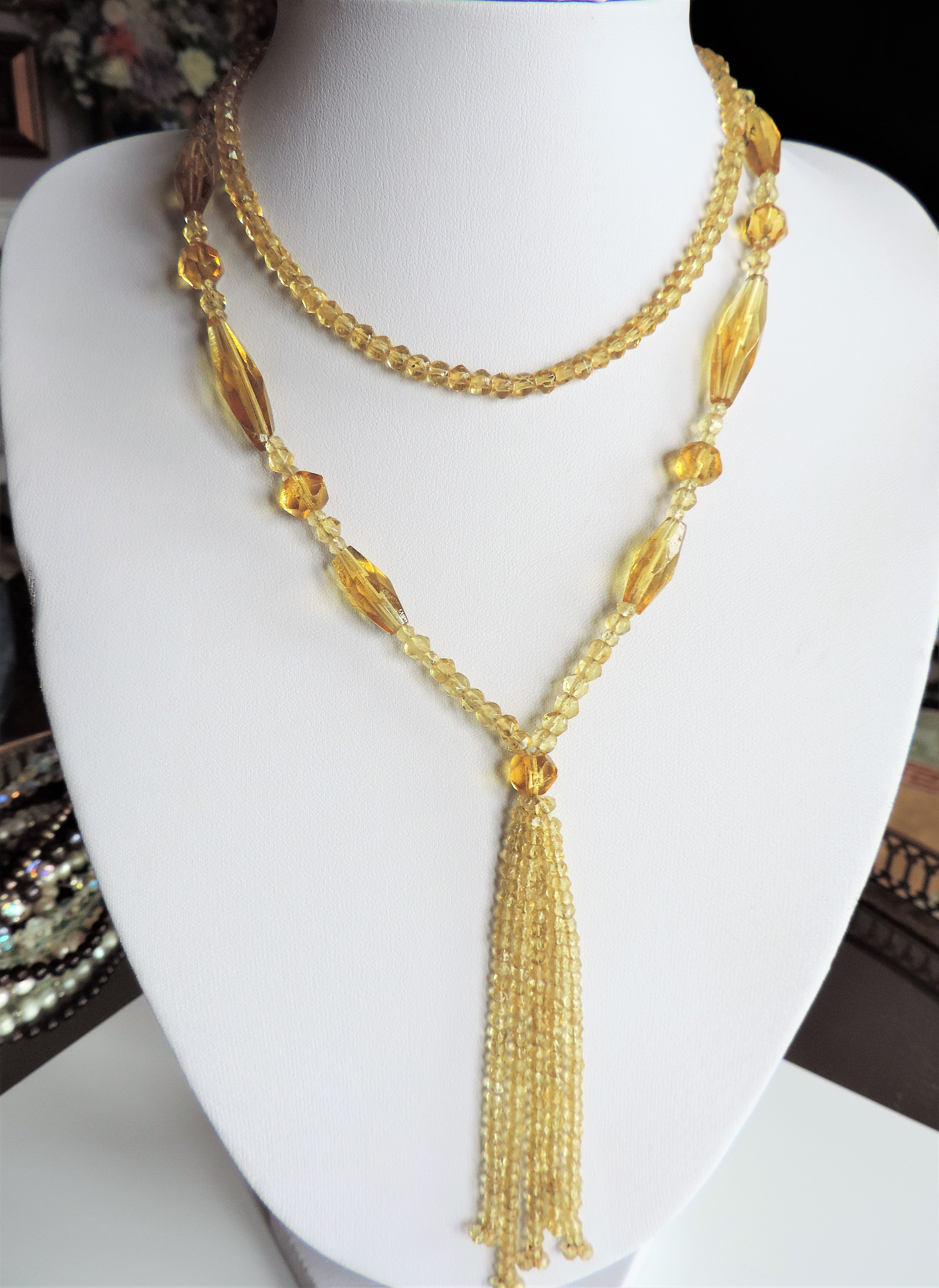 Antique Art Deco Gold Glass Bead Flapper Necklace with Tassle