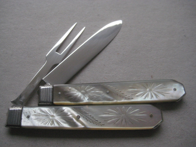 Victorian Matching Mother of Pearl Hafted Silver Bladed Folding Fruit Knife and Folding Fork