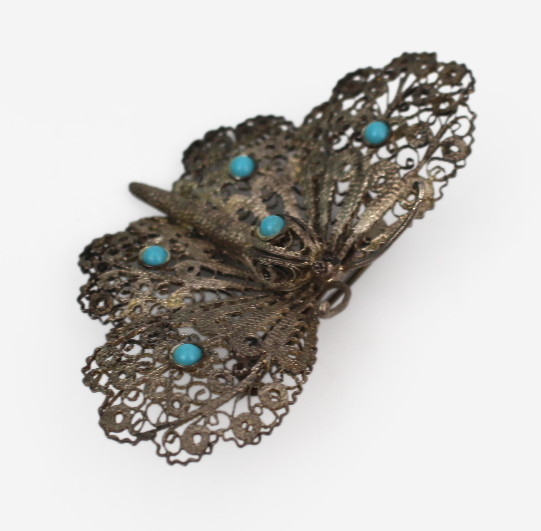 Early 20th Century Silver Filigree Butterfly Brooch with Turquoise Cabochons