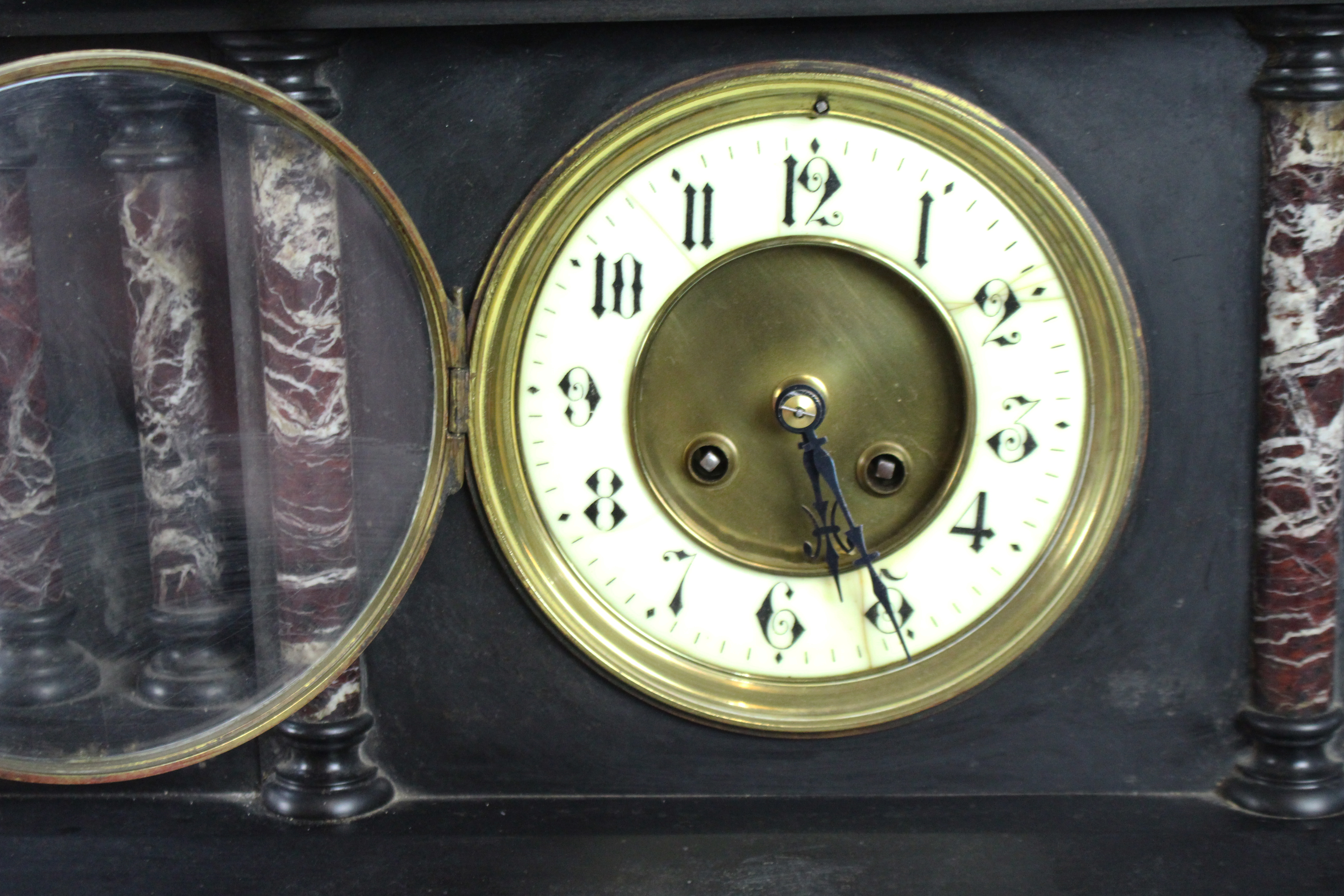 Victorian Black Marble Mantel Clock with Rouge Marble Columns c.1860