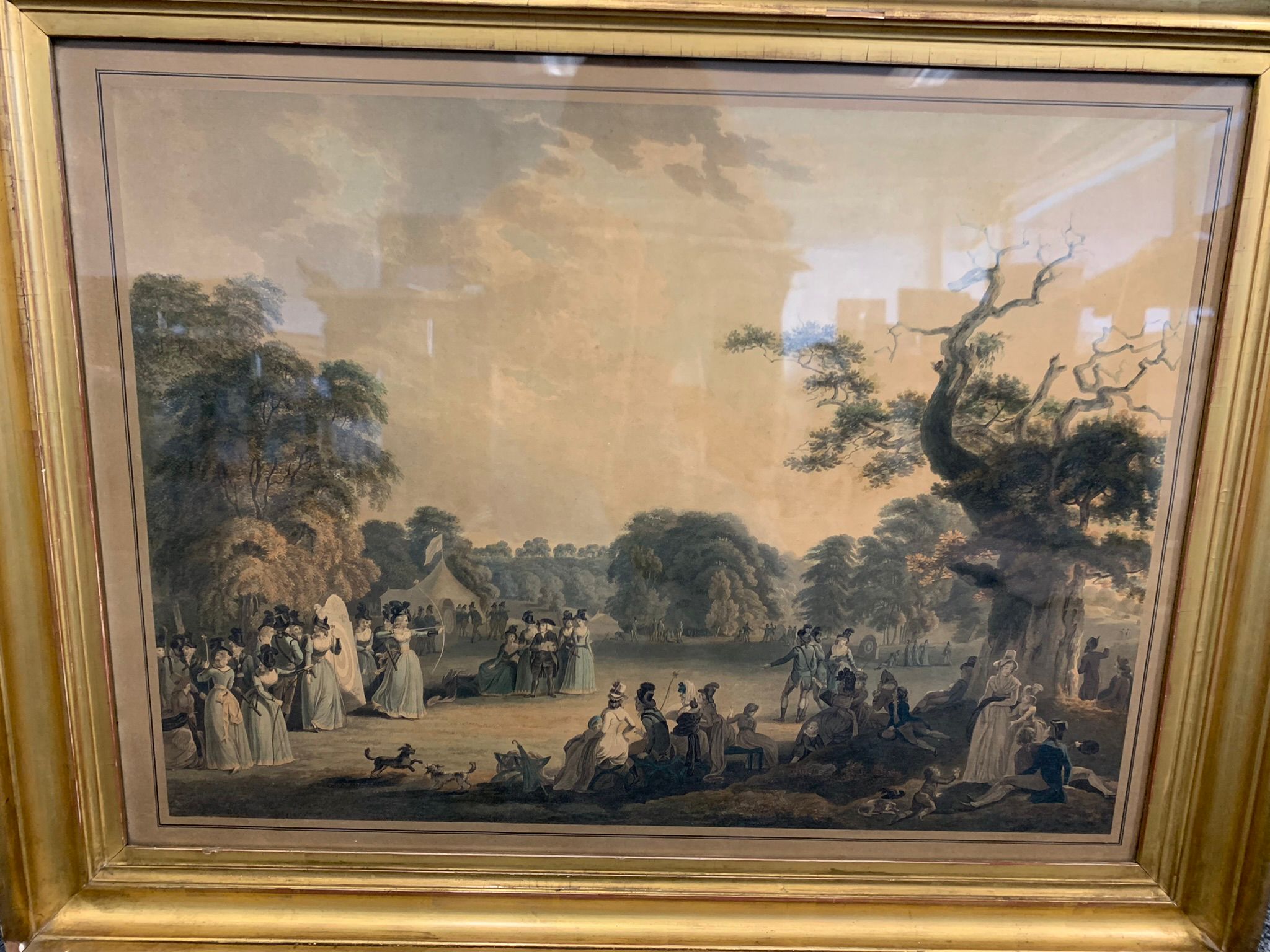 19th Century colour mezzotint, archery in a park,