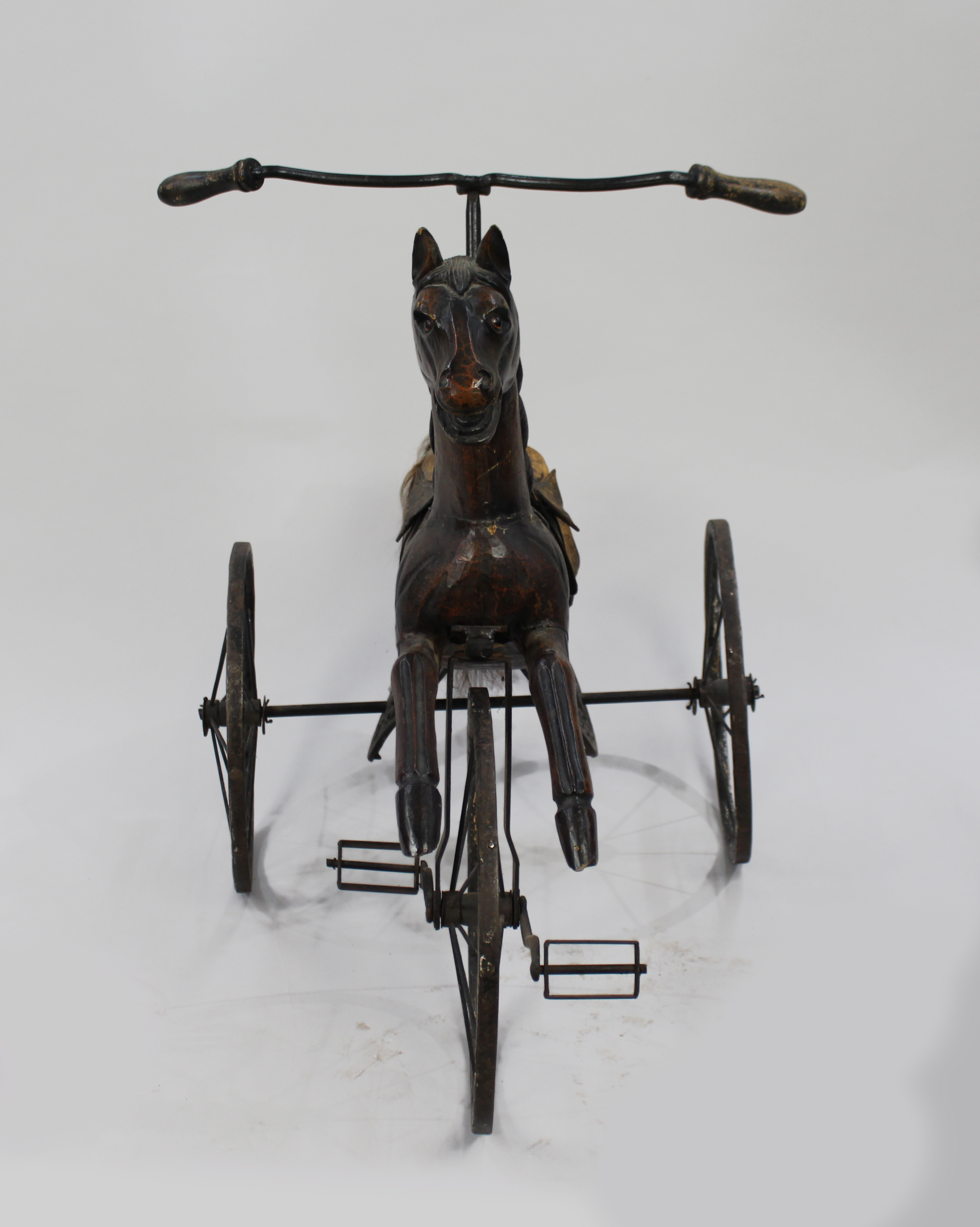 Early 20th c. Carved Wooden Horse on Tricycle