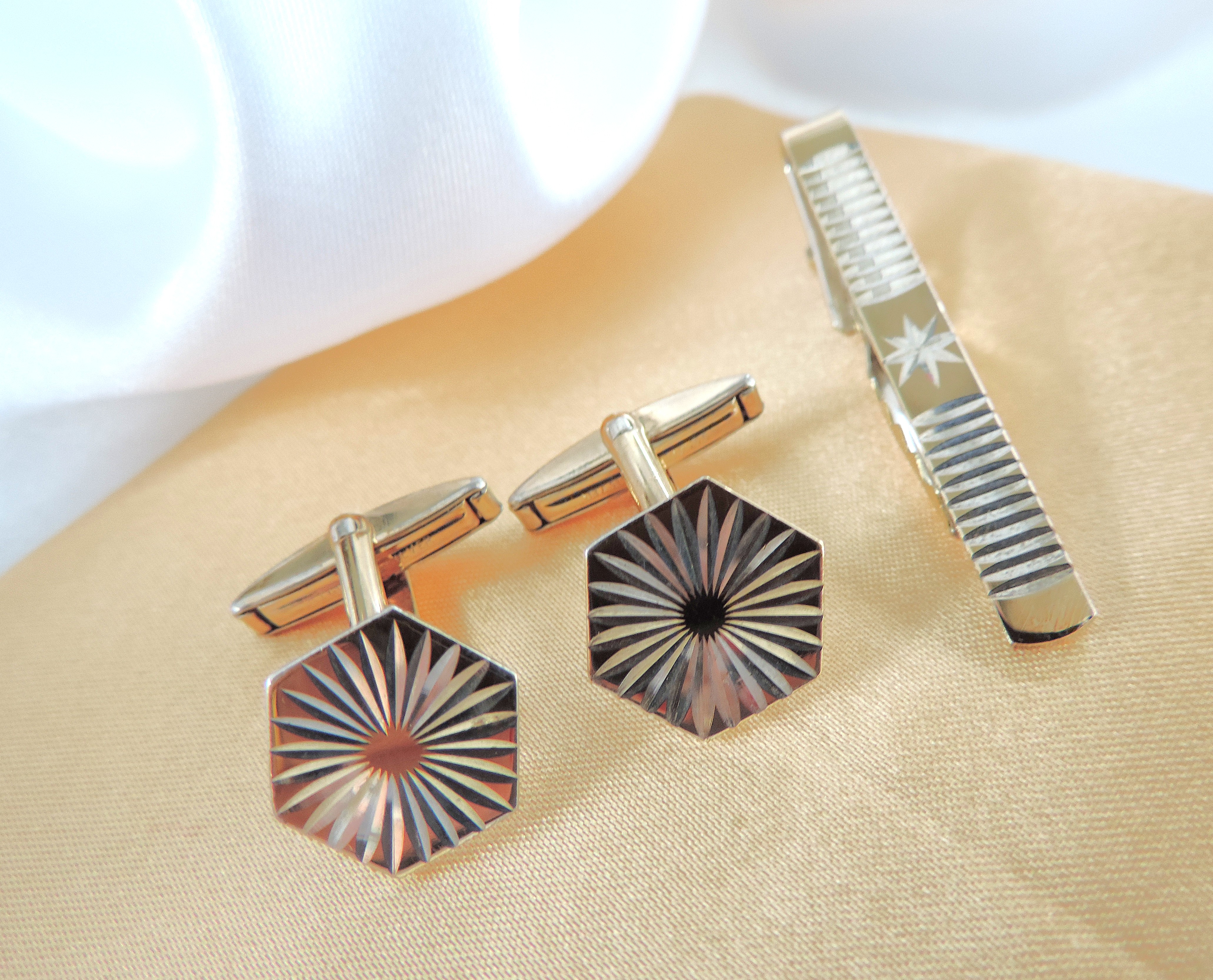 Vintage Gold on Sterling Silver Cufflinks & Tie Clip Set