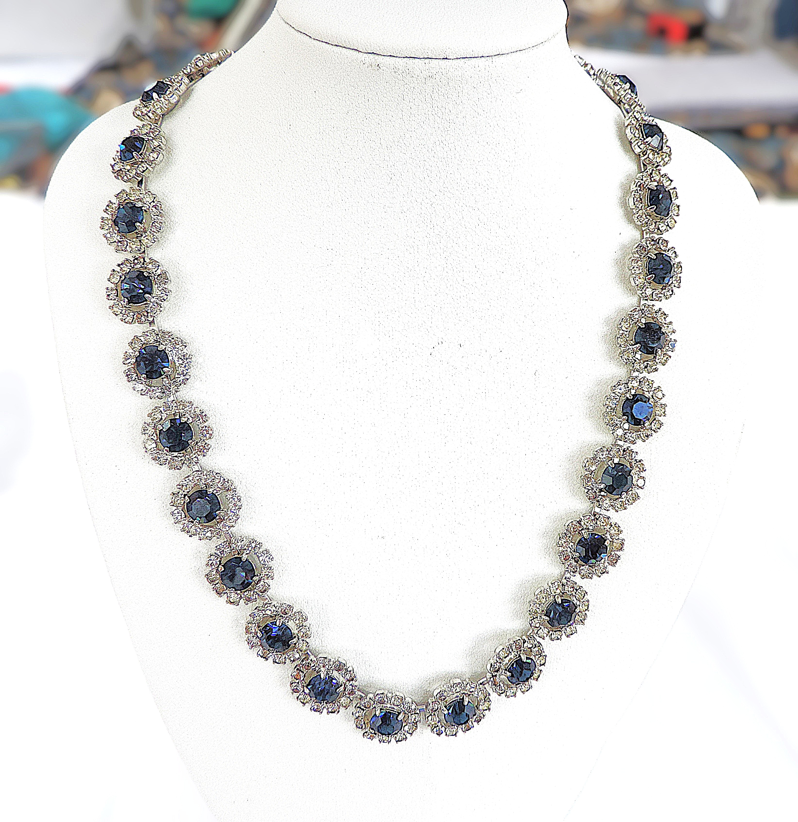 Vintage 1930's Sapphire Blue & White Rhinestone Crystal Necklace