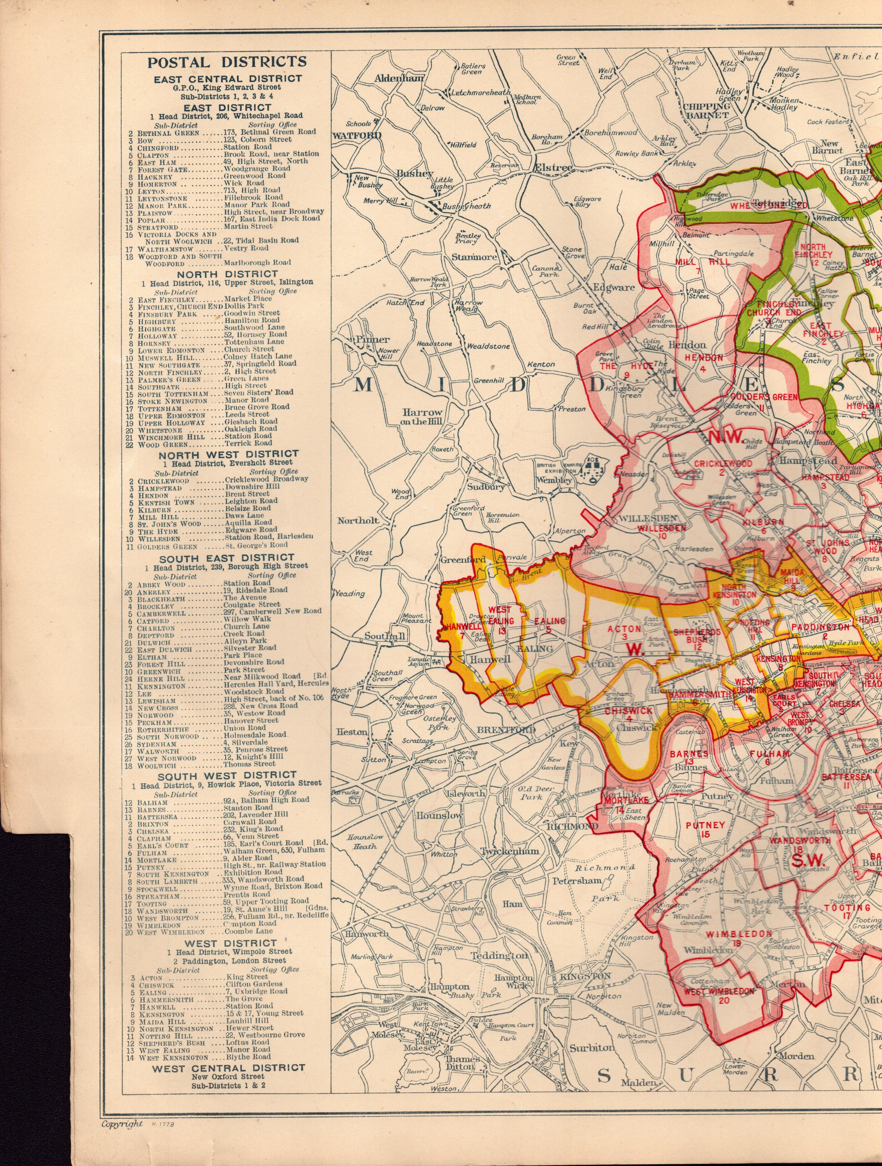 Bacons Vintage London Metropolitan Postal Districts Coloured Map.