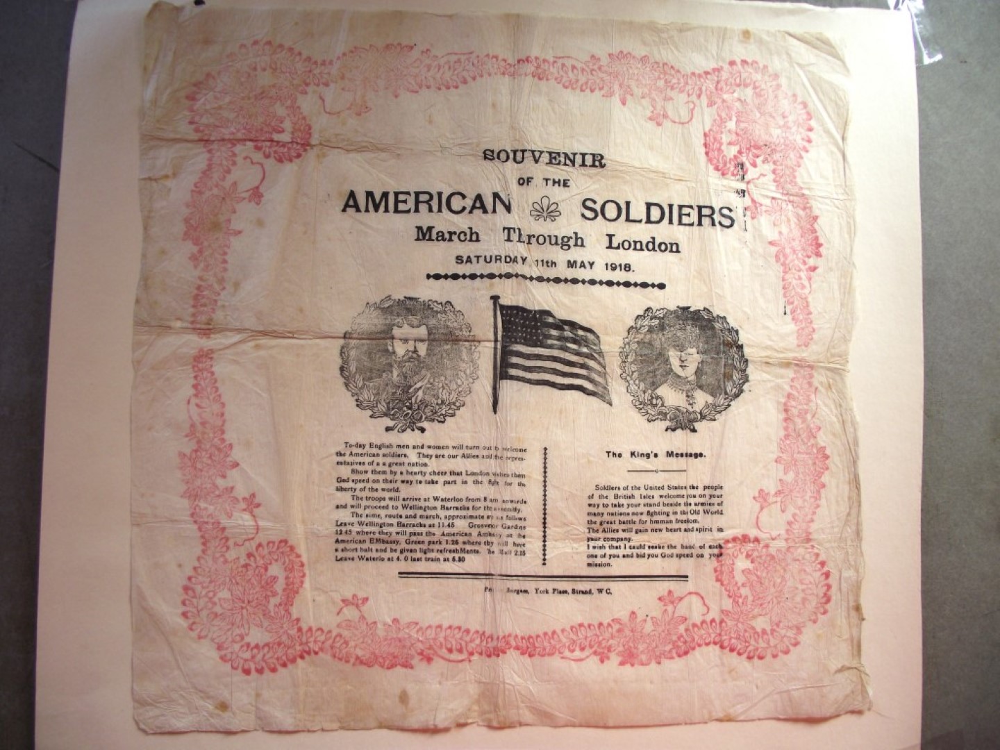 Souvenir Napkin - American Soldiers March Through London Saturday 11th May 1918