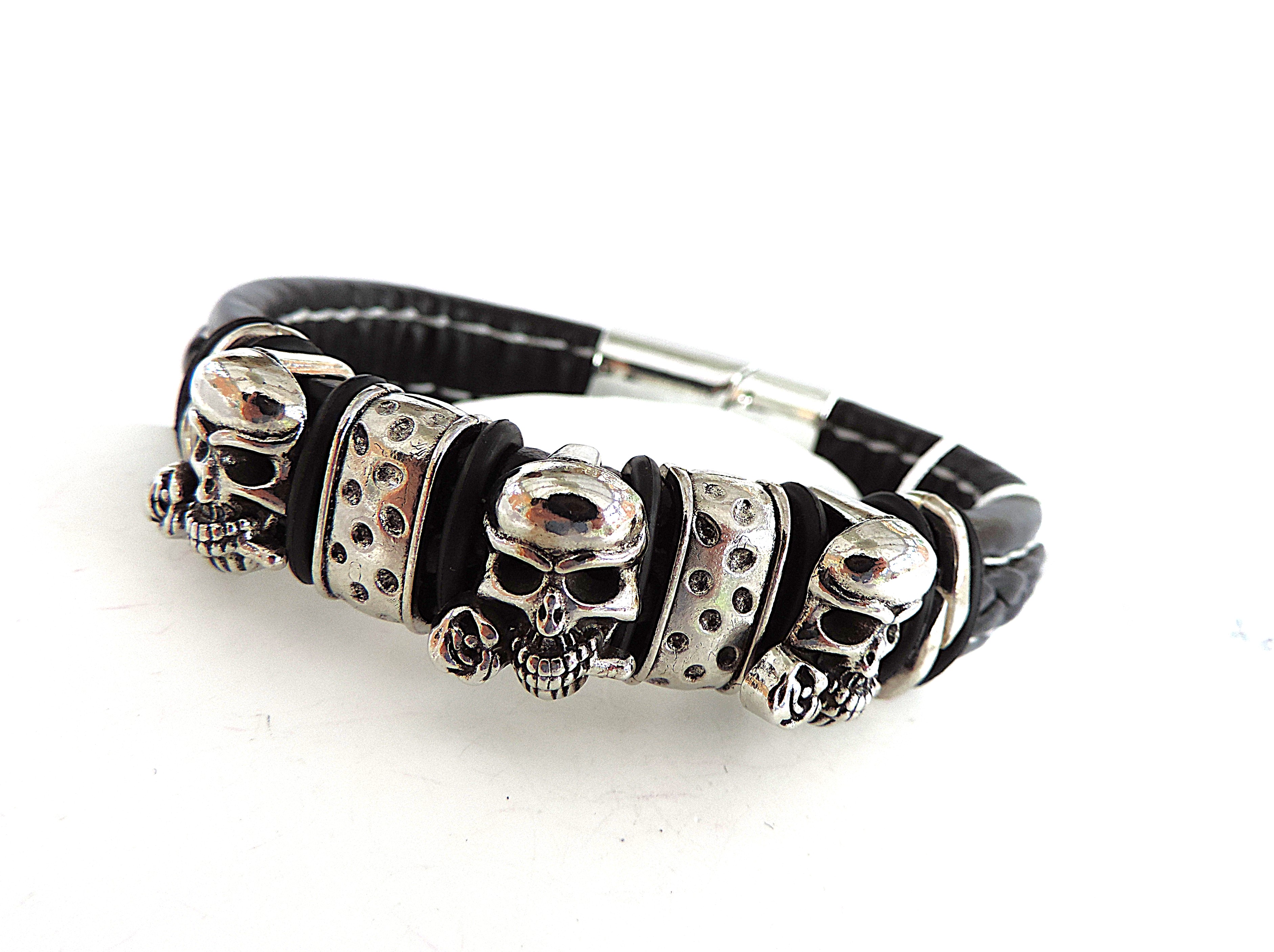 Aethon Black Leather Pirate Skulls Bracelet 'New'