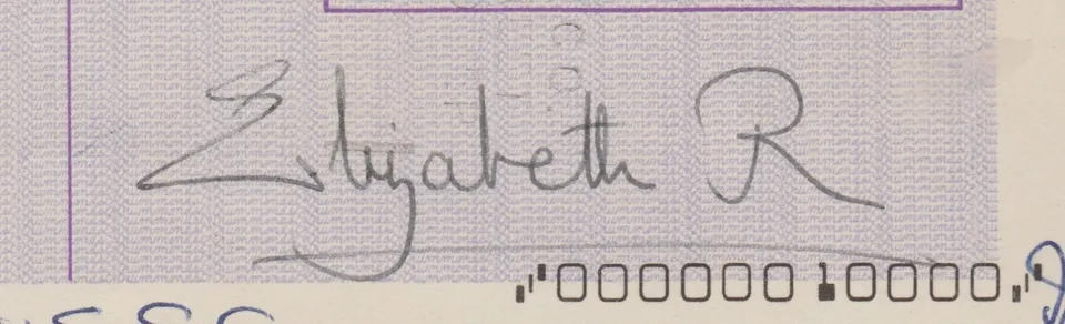 Royalty Queen Mother signed cheque May 1977 Elizabeth R on Messrs Drummond Royal Bank of Scotland