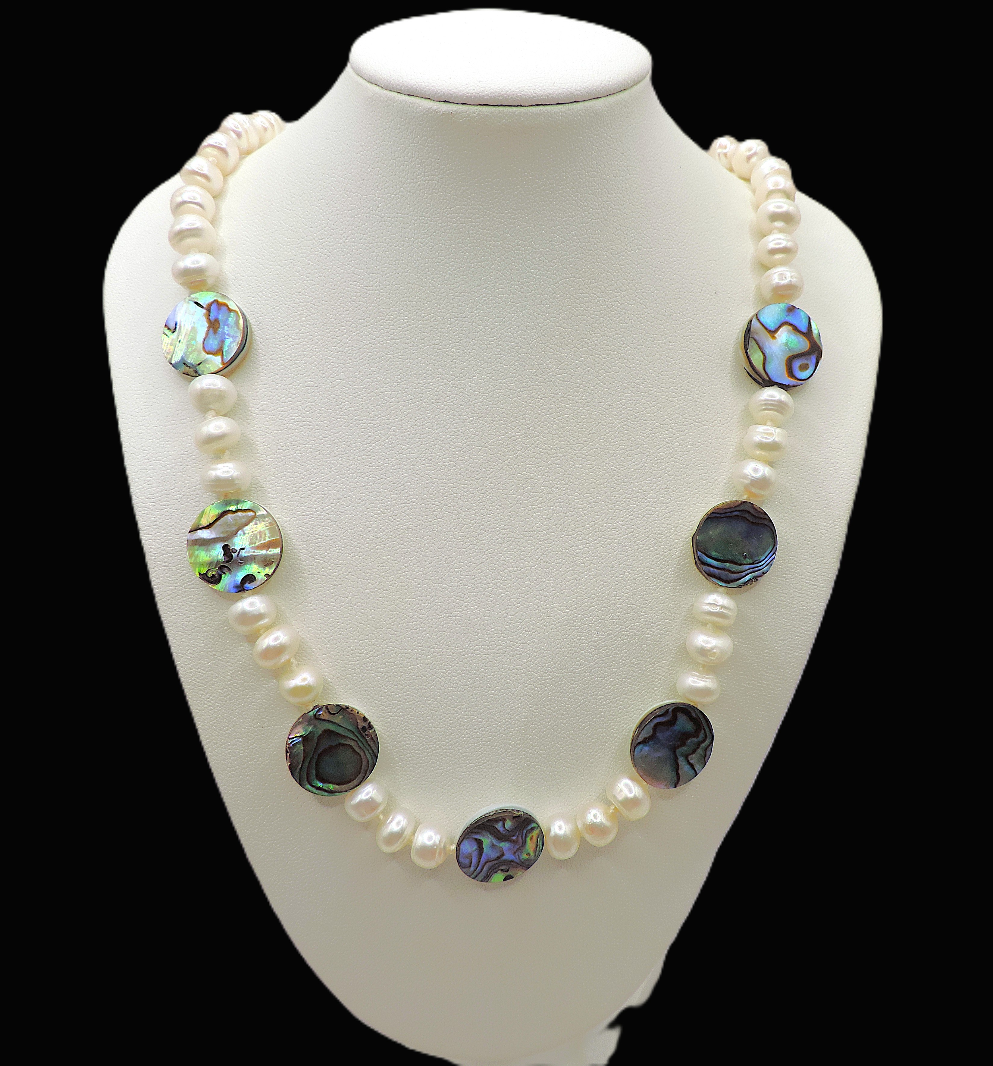 Freshwater Cultured Pearl & Paua Shell Necklace Silver Clasp New With Gift Pouch