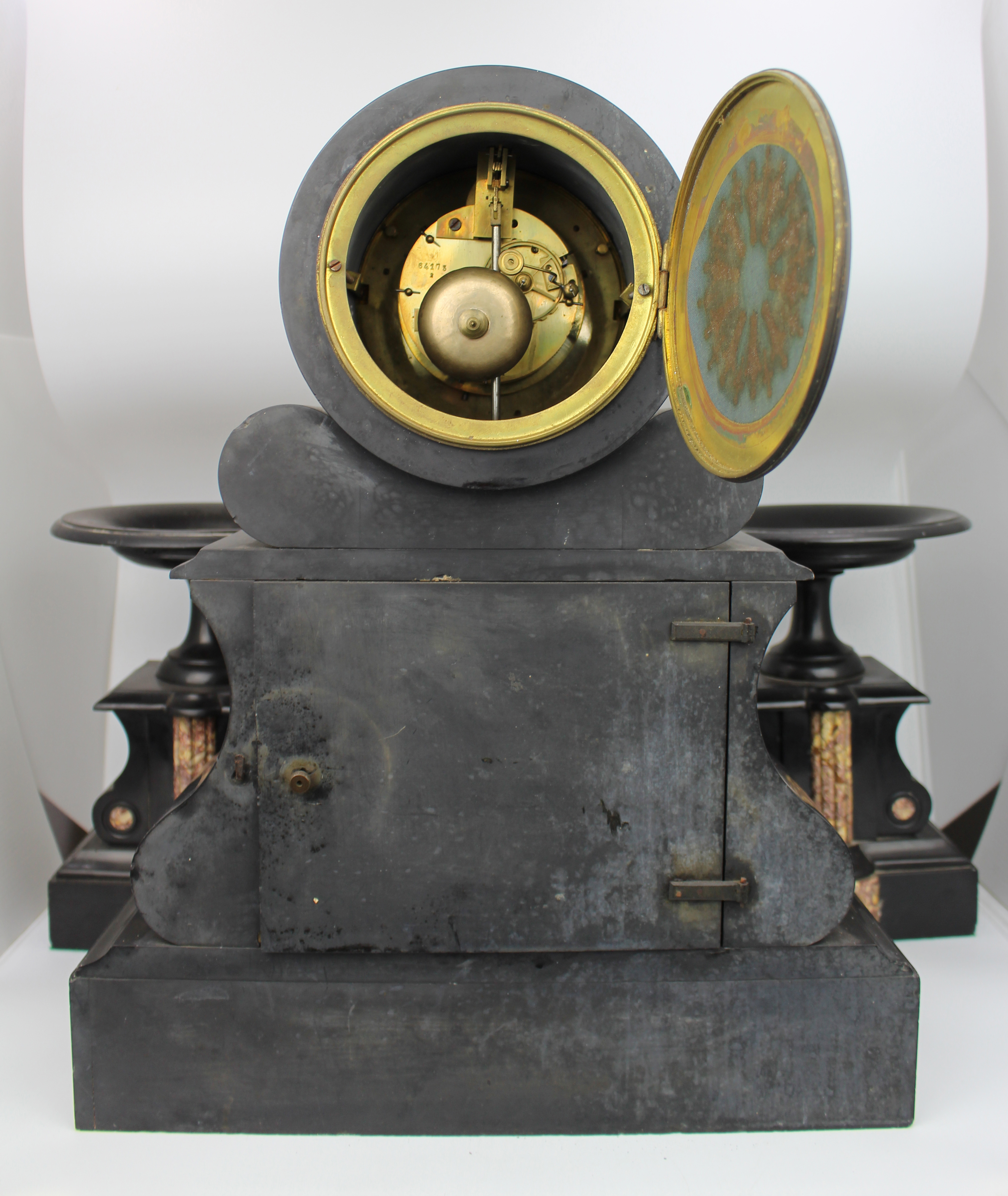 Mid-19th Century French Japy Frères Black Marble Clock Garniture Set