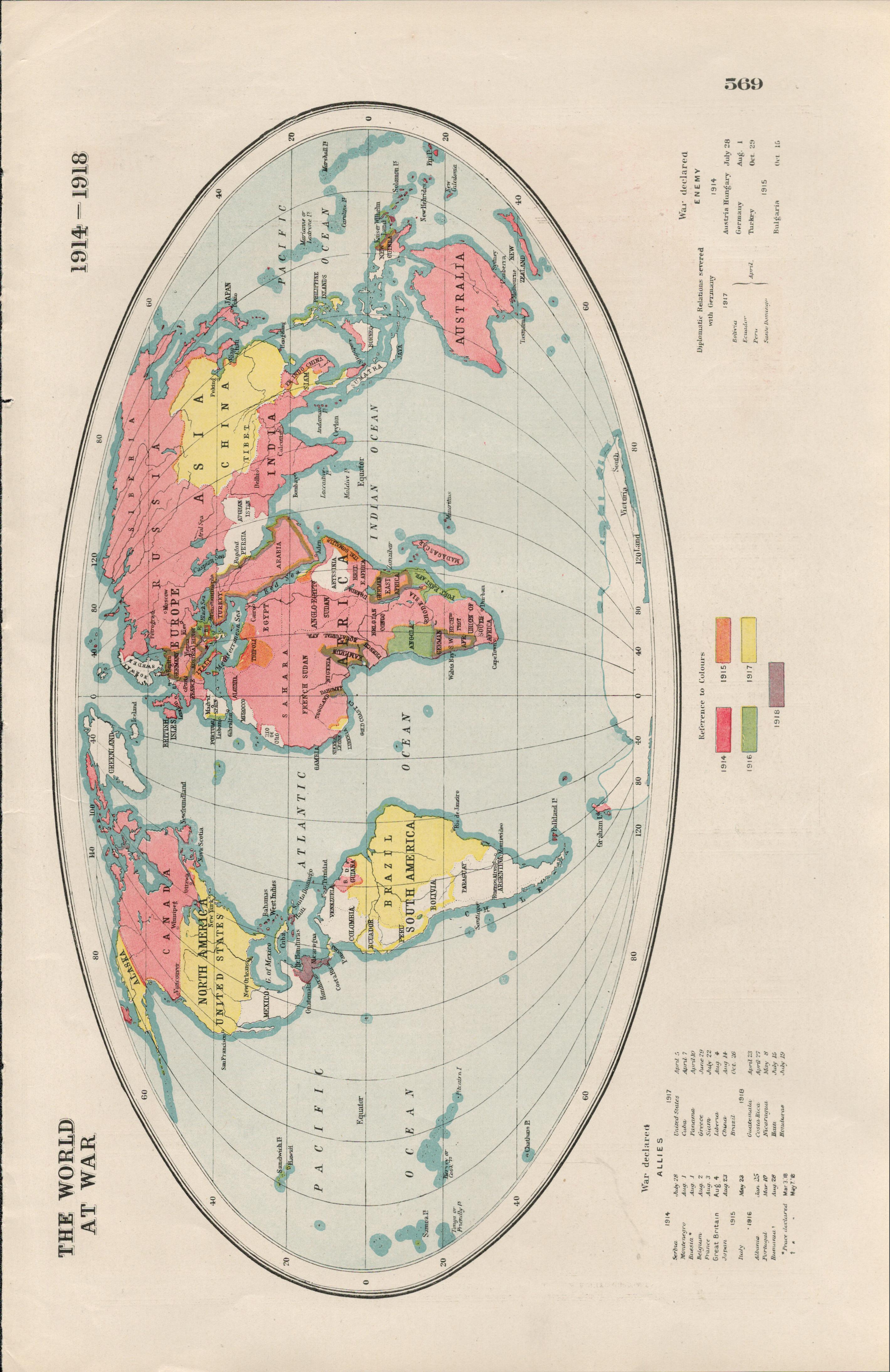 WW1 The Great War Central Europe Coloured Antique Map 1922.