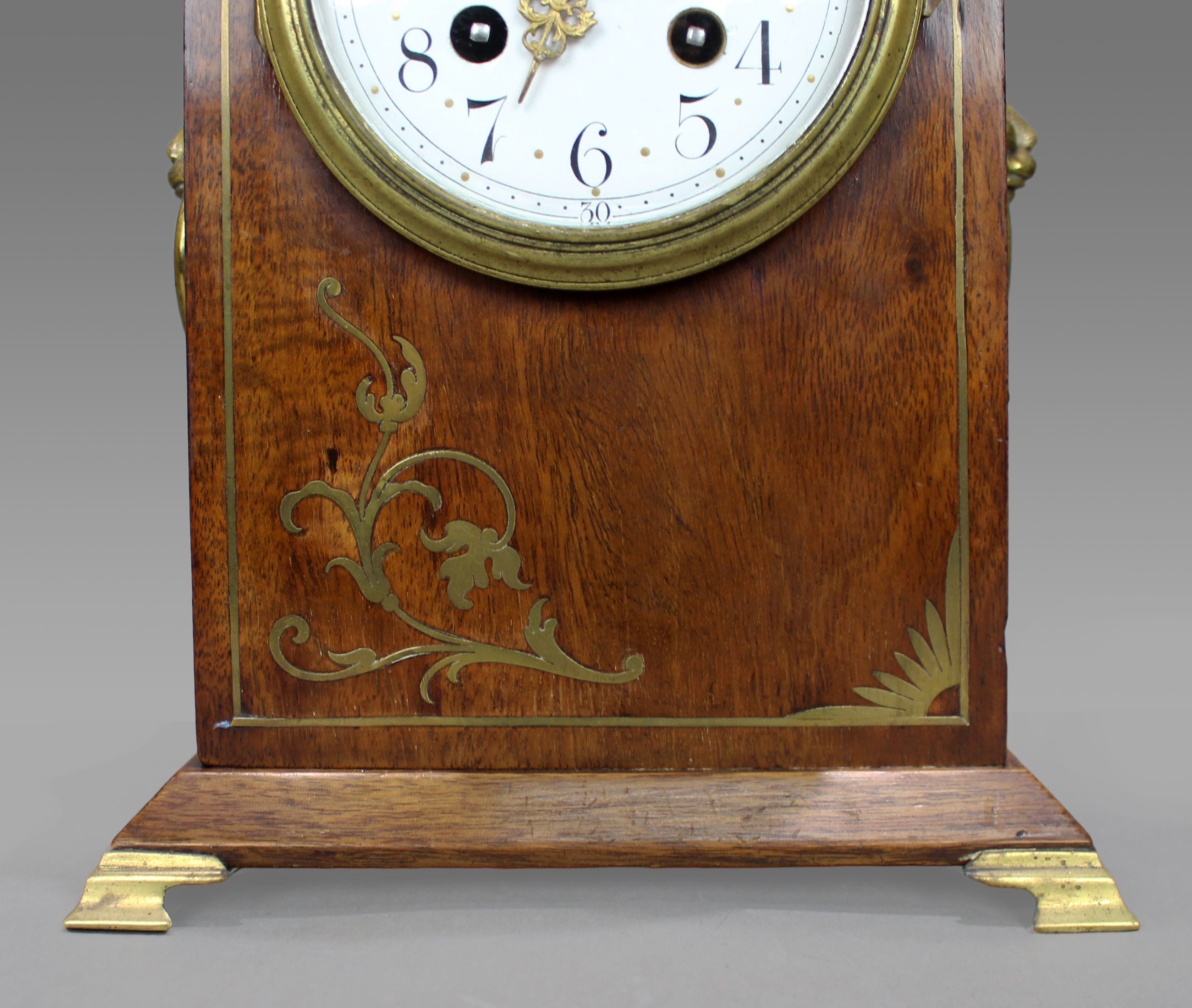 Antique French Mahogany & Brass Inlaid Mantel Clock by Marti c.1900