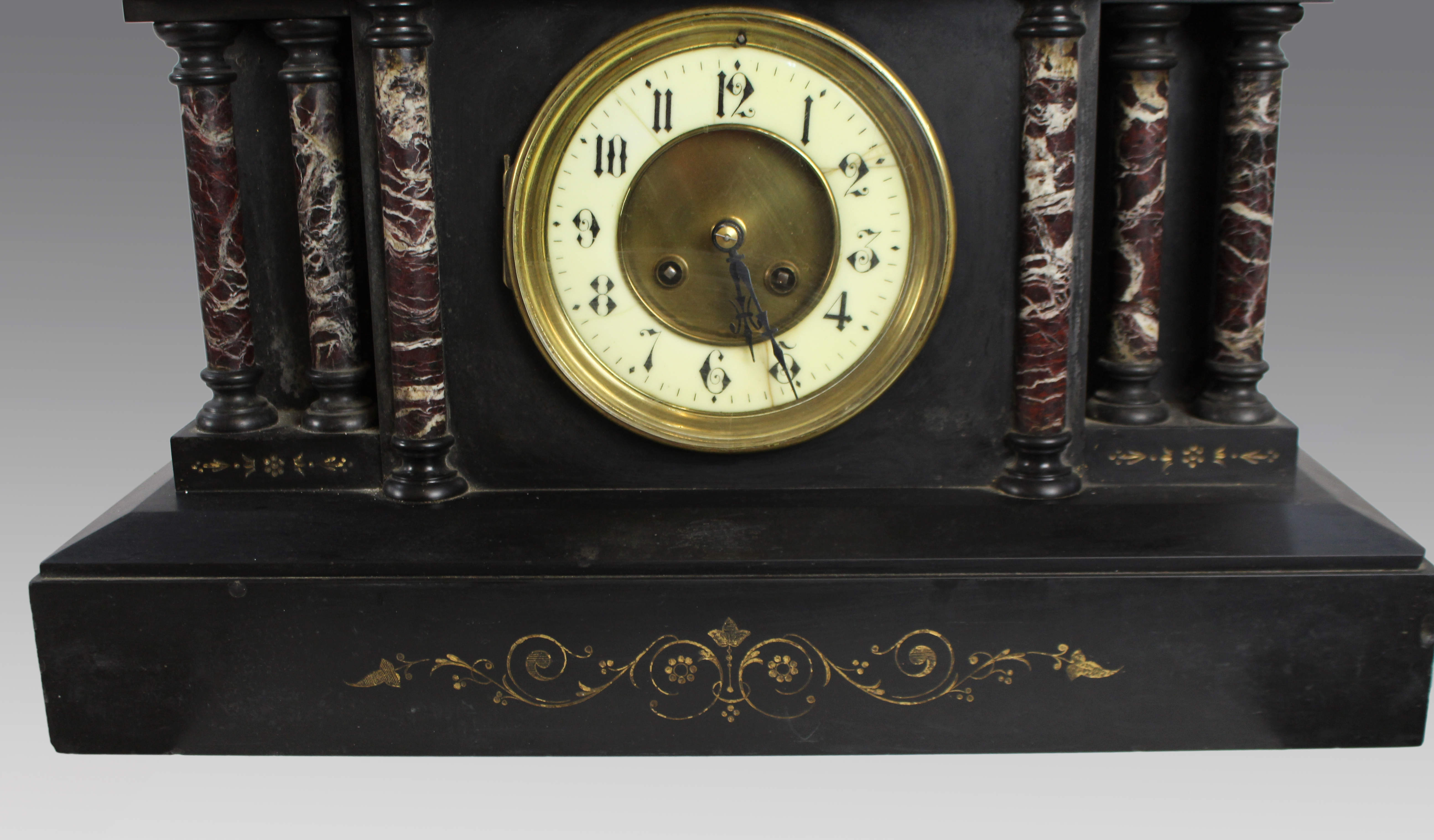 Victorian Black Marble Mantel Clock with Rouge Marble Columns c.1860