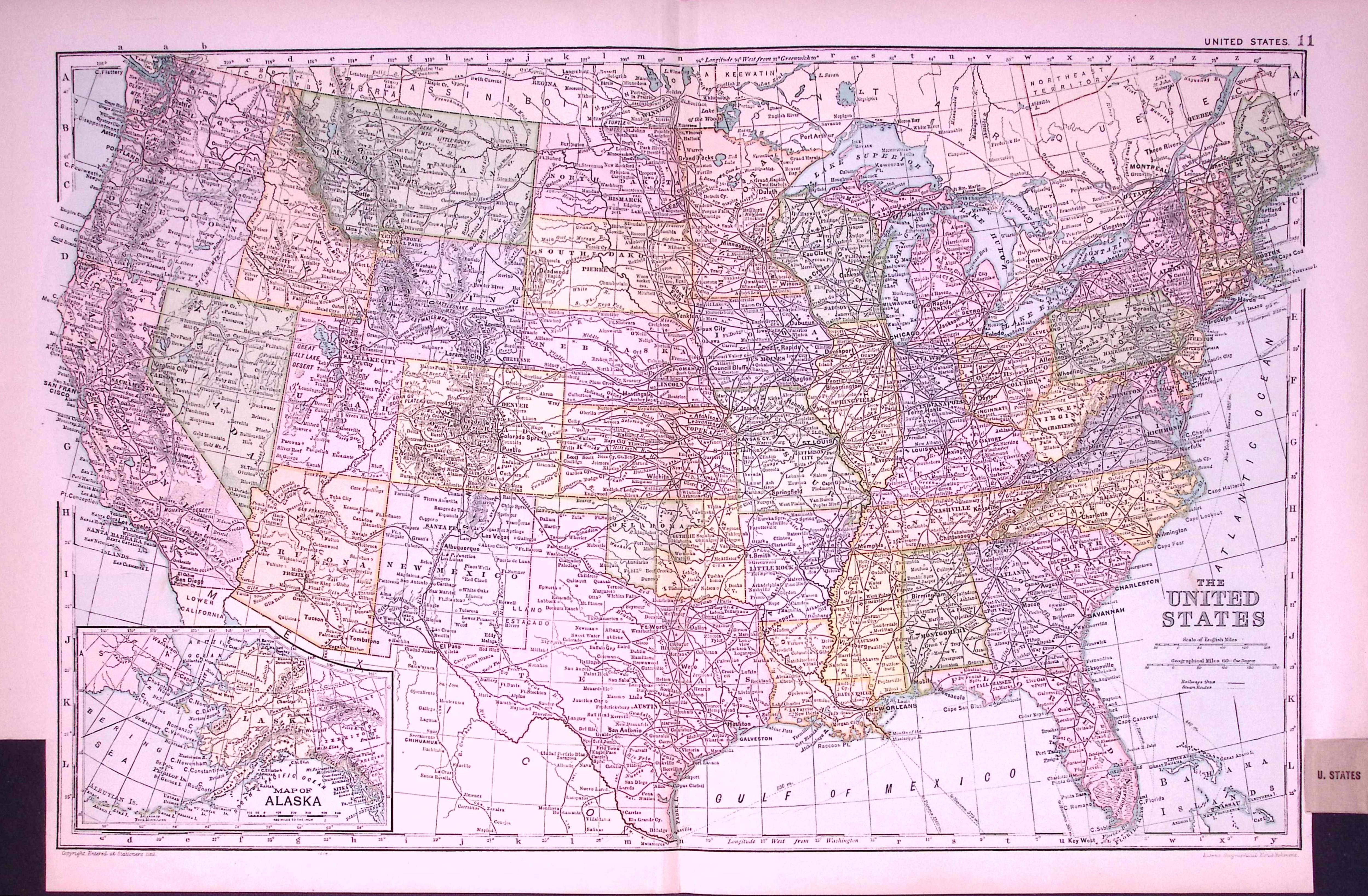 United States & Alaska 120-Year-Old Large Coloured Antique Map by G.W. Bacon-11
