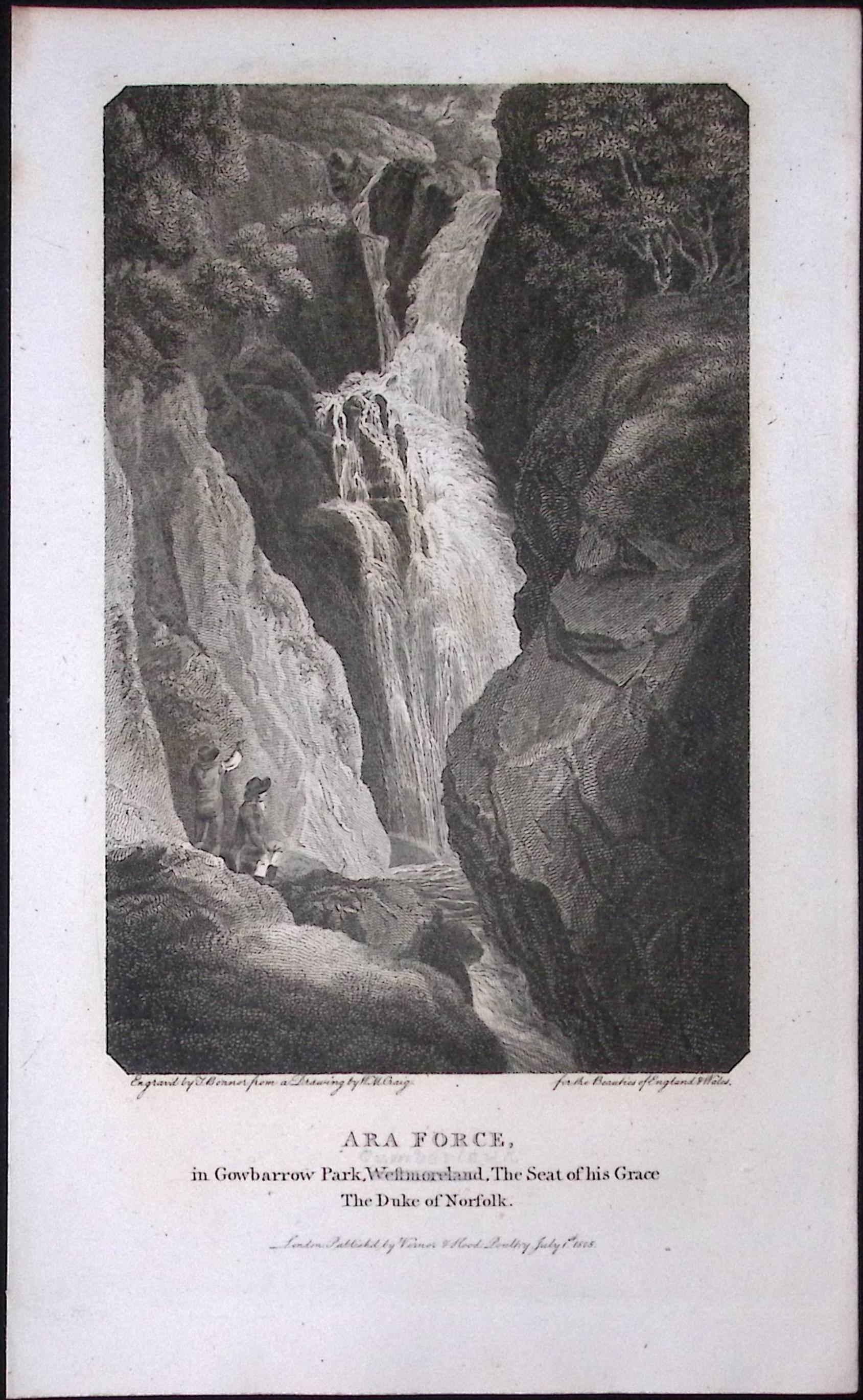Cumbria Ara Force Gowbarrow Park Antique 223 Years-Old Steel-Engraving-131