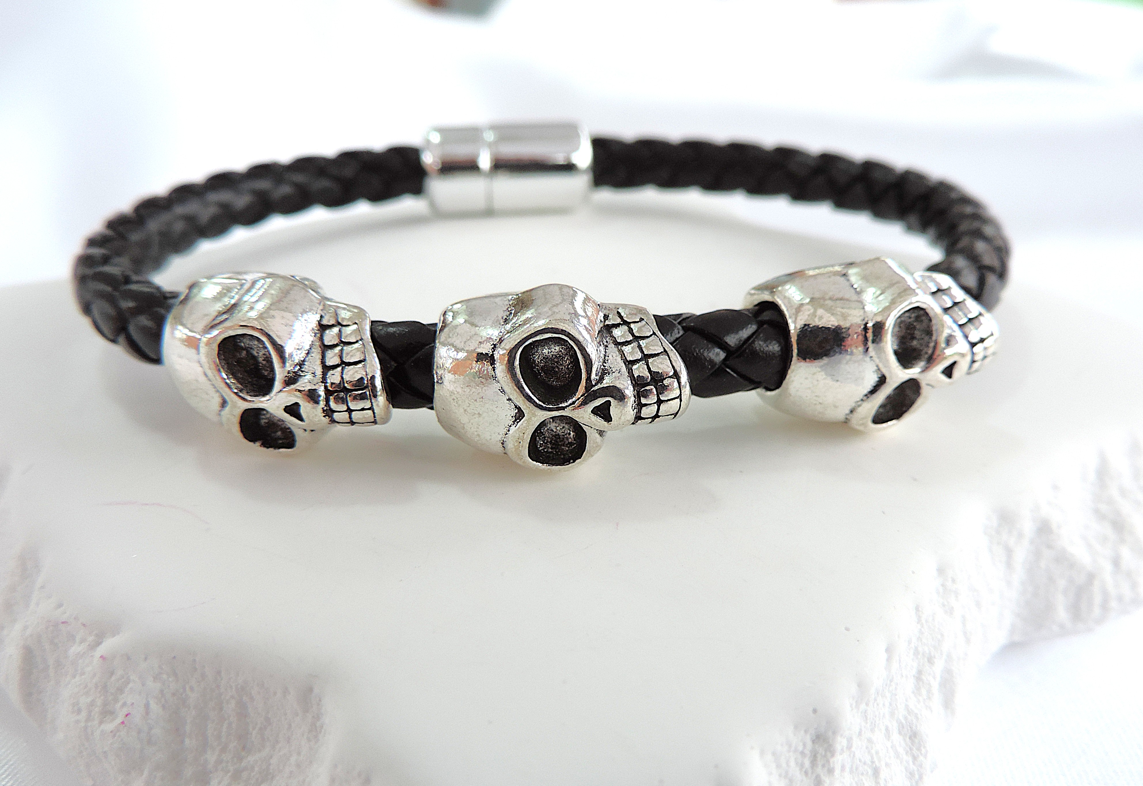 Men's Braided Leather Stainless Steel Skull Head Bracelet