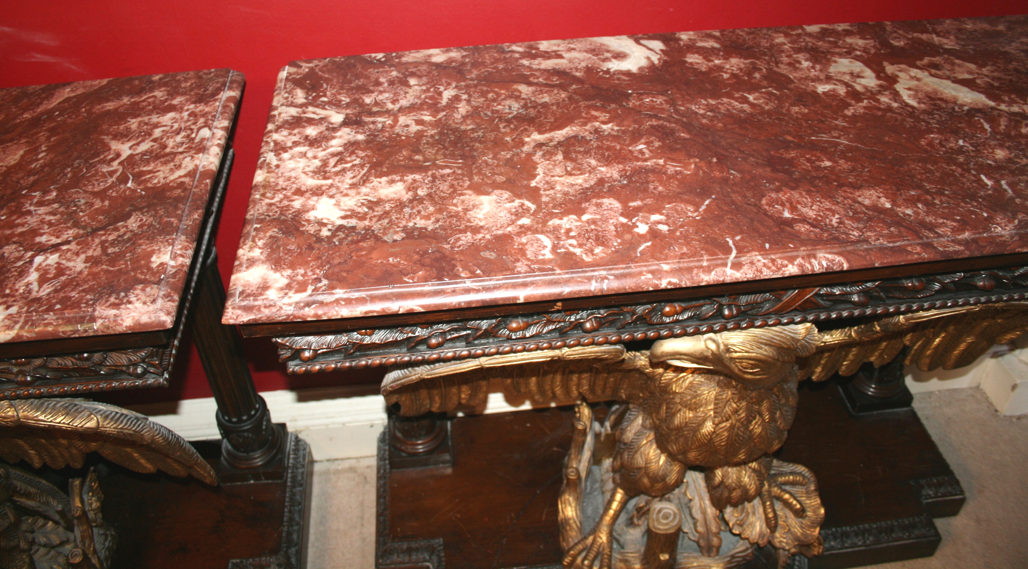 Pair of Marble Topped Mahogany & Giltwood Eagle Console Tables