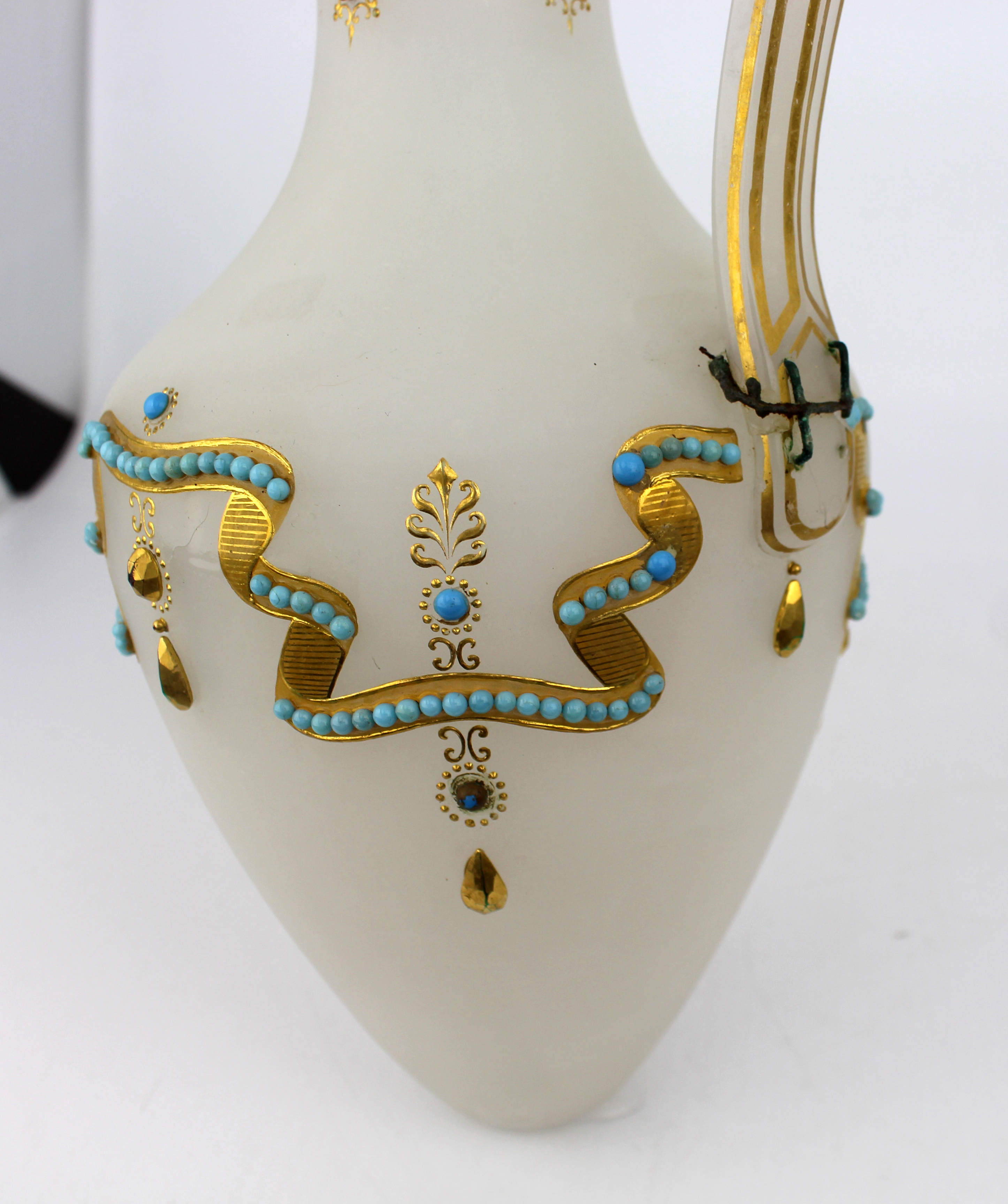 Antique French Bejewelled Turquoise Opaline Ewer A/F