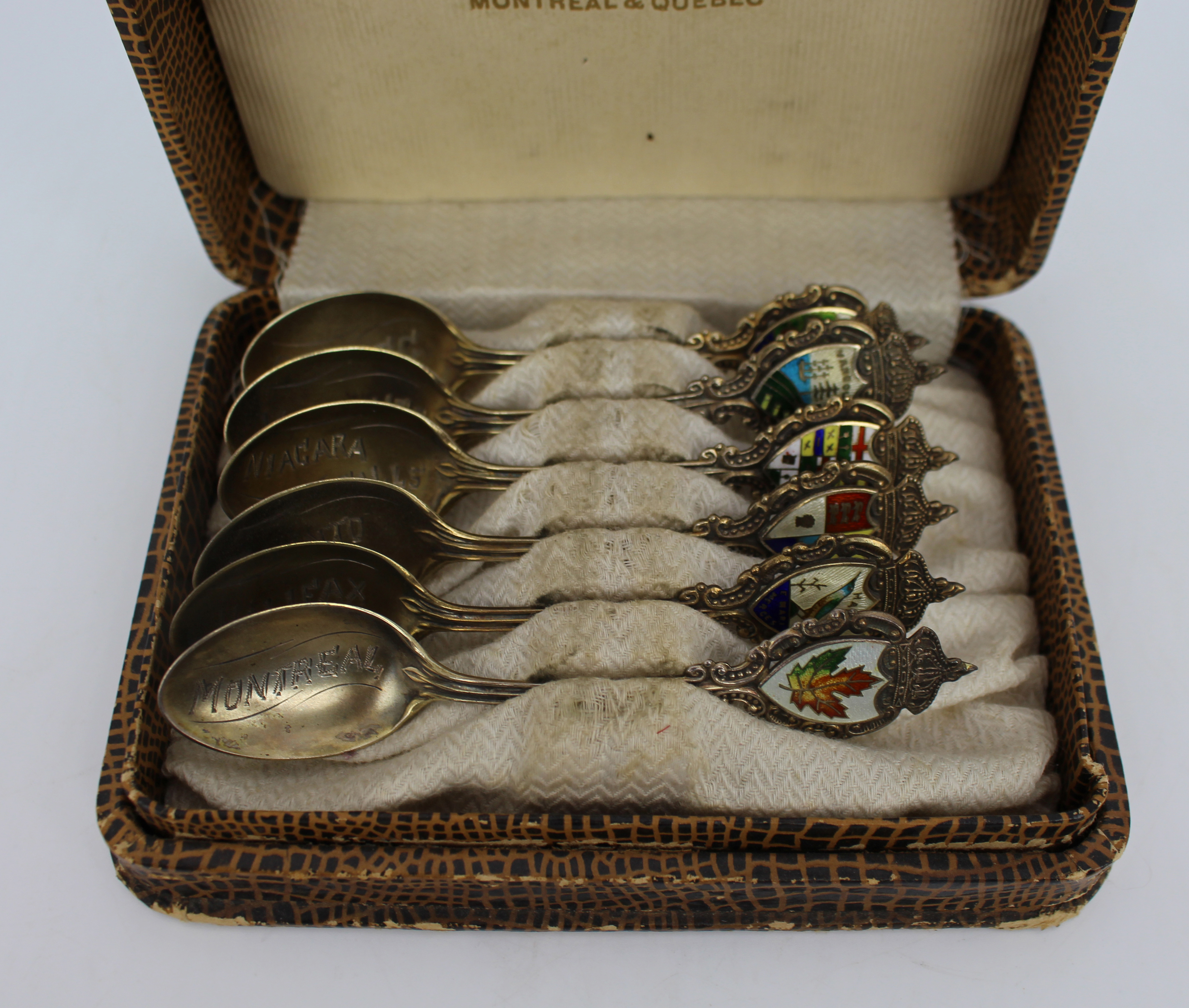 Cased Set of 6 Canadian Sterling Silver & Enamel Souvenir Spoons – Morris Michaels, c.1930s