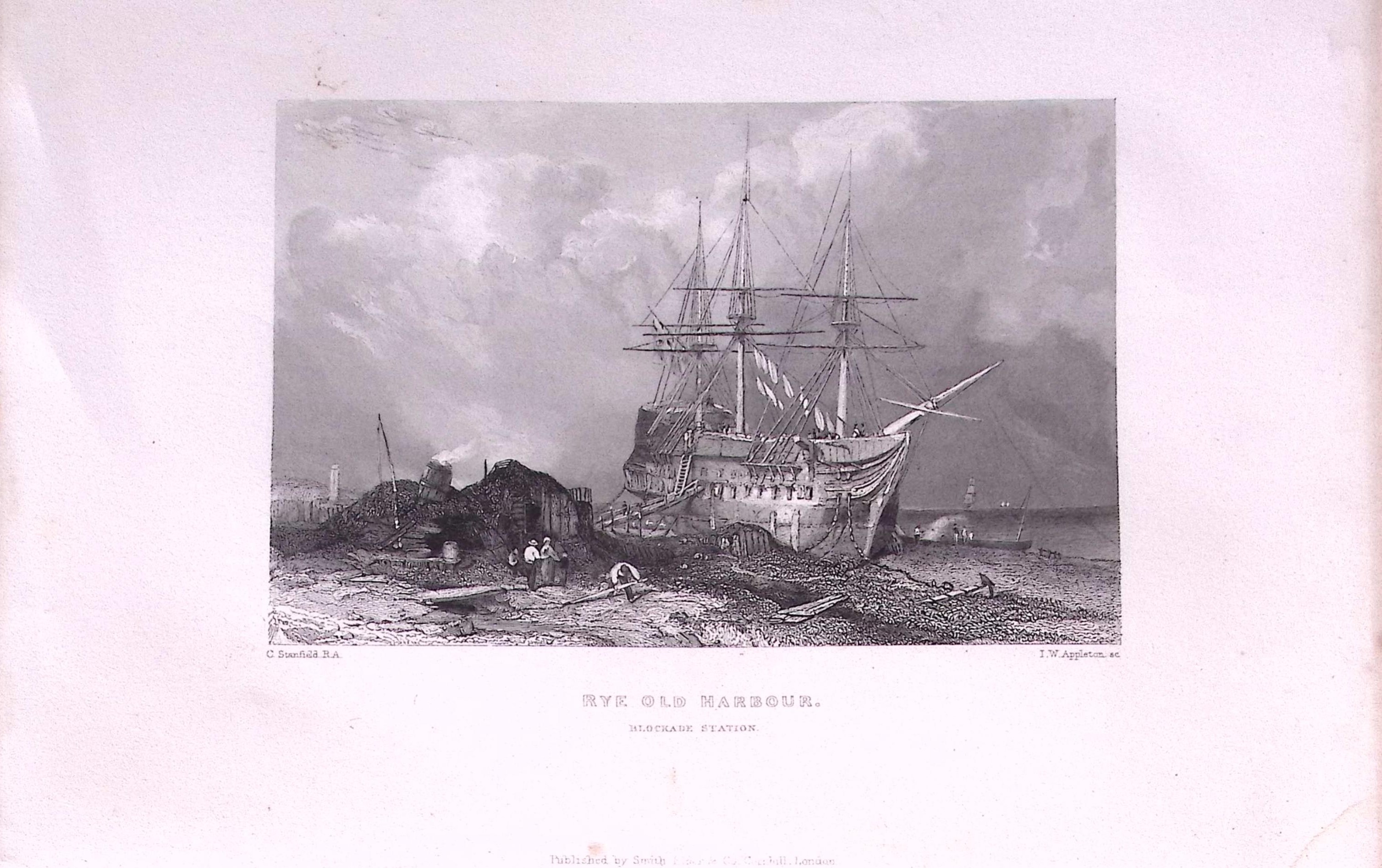 Rye Old Harbour Isle of Wight  179 years-Old Antique Steel Engraving Print-2-TR