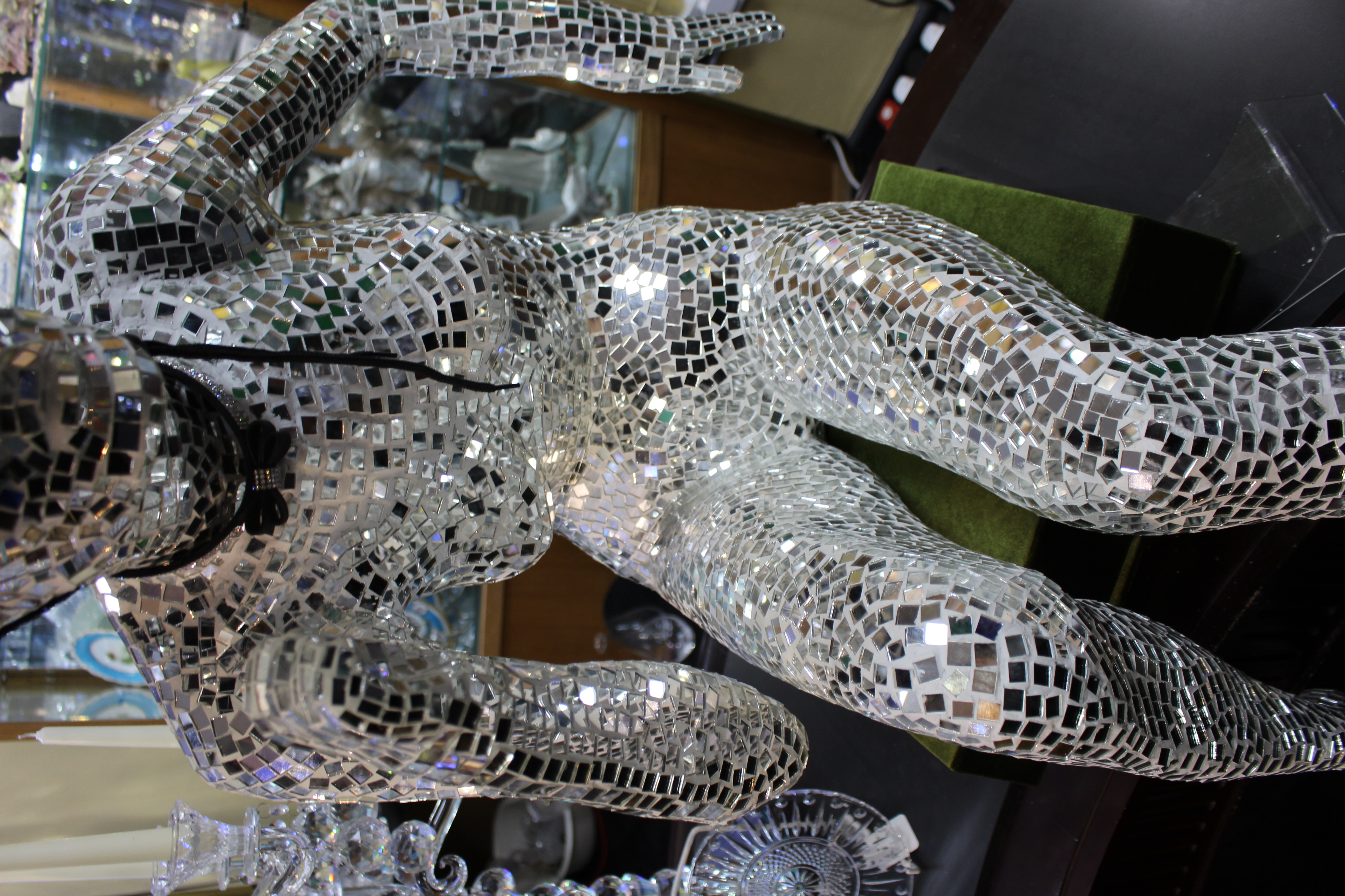 Large Mirrored Mosaic Female Figure Sculpture with Hat