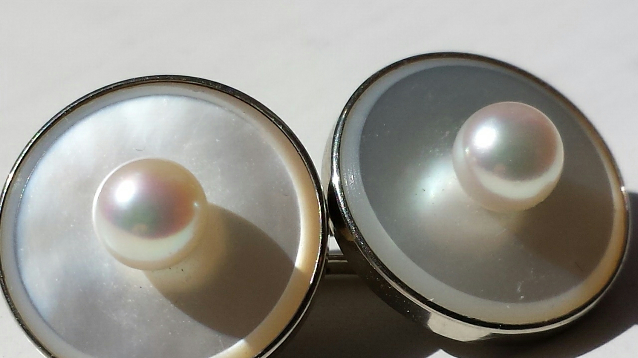 A Rare Pair of Vintage "14k" White Gold Mikimoto Pearl and Mother-of-Pearl Cufflinks