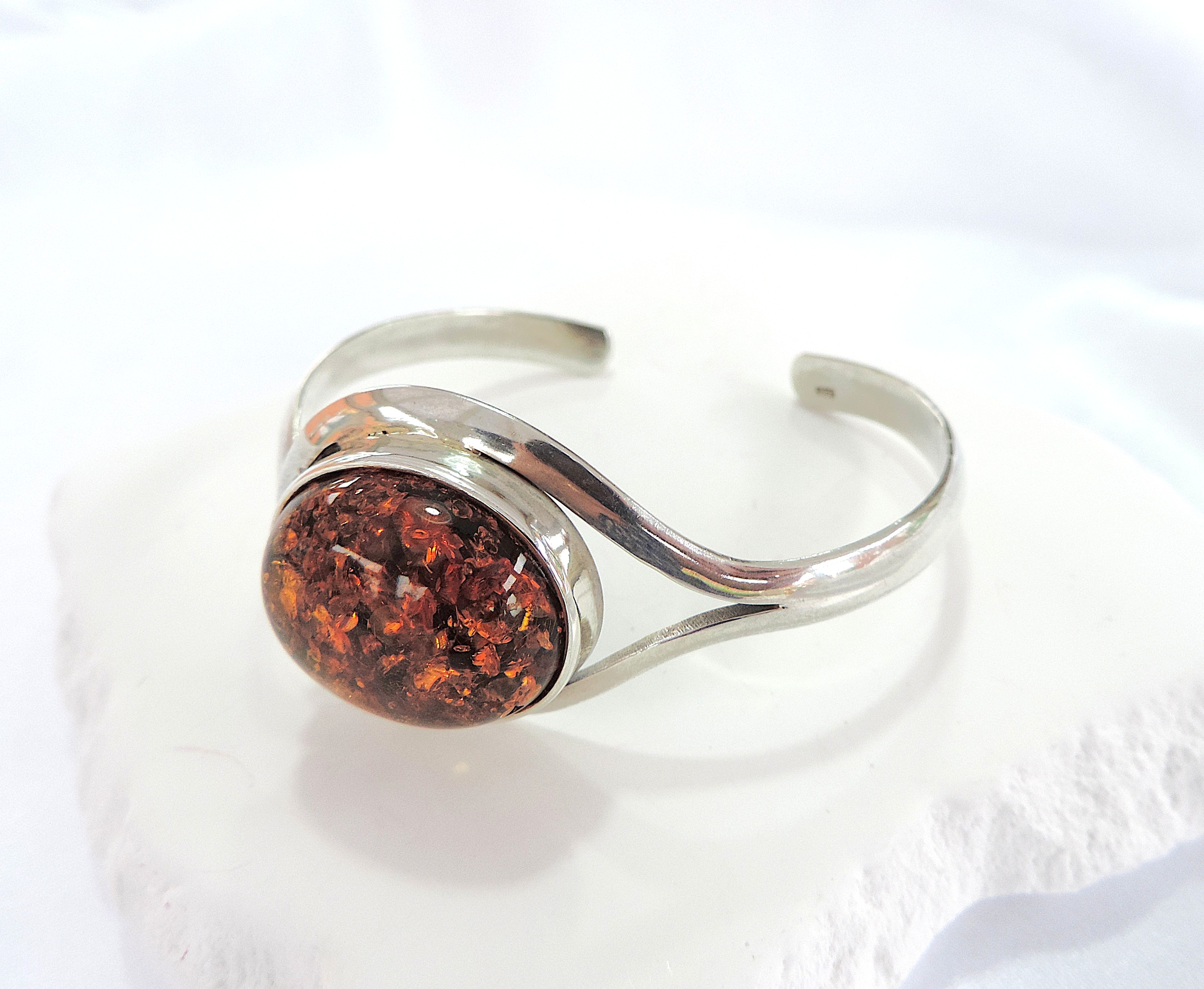 Vintage 925 Silver Chunky Baltic Amber Bangle
