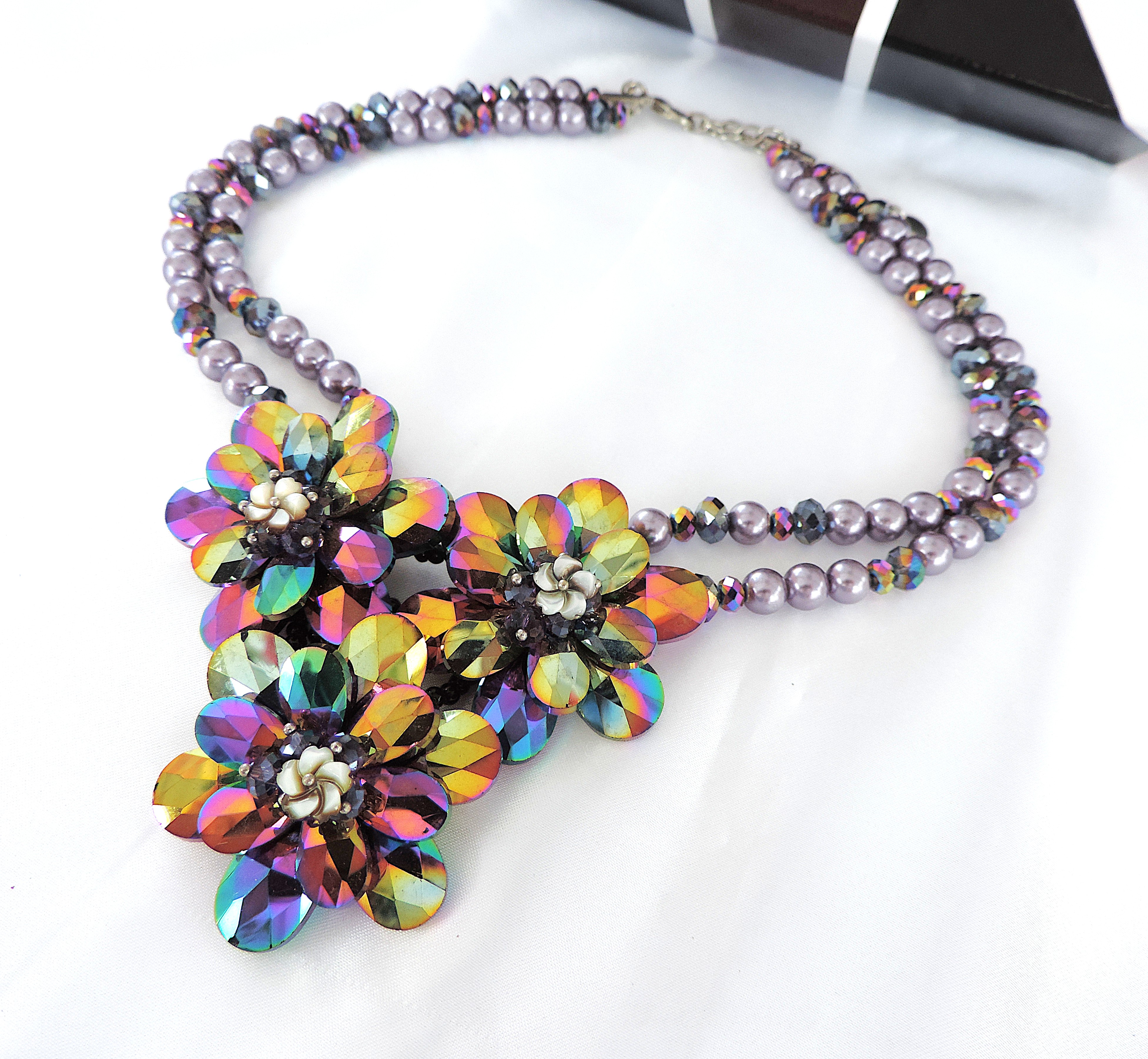 Vintage Butler and Wilson Crystal and Pearl Flower Garland Necklace in Original Box