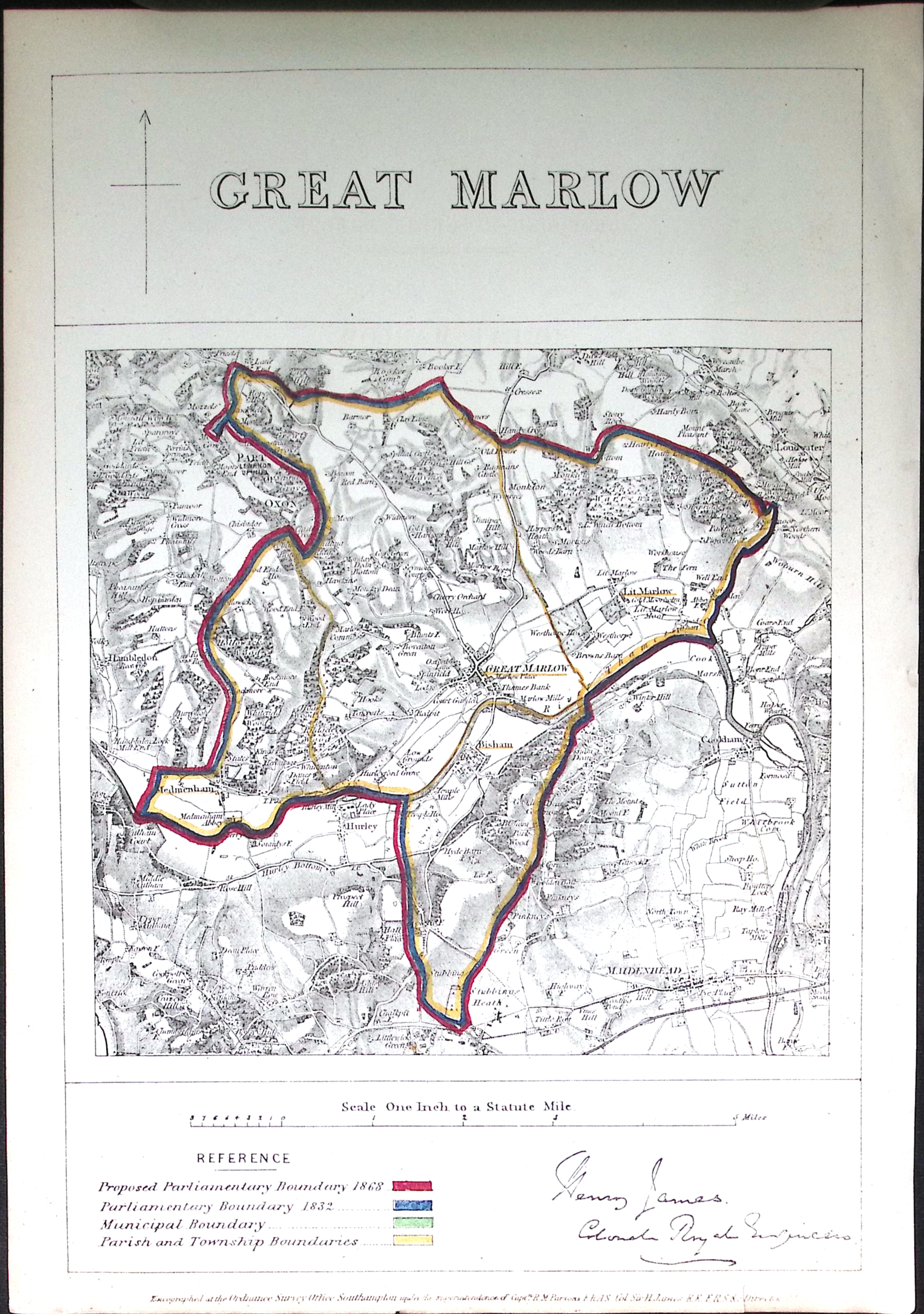 Great Marlow Bucks Boundary Commission 157-Year-Old Coloured Antique Map.