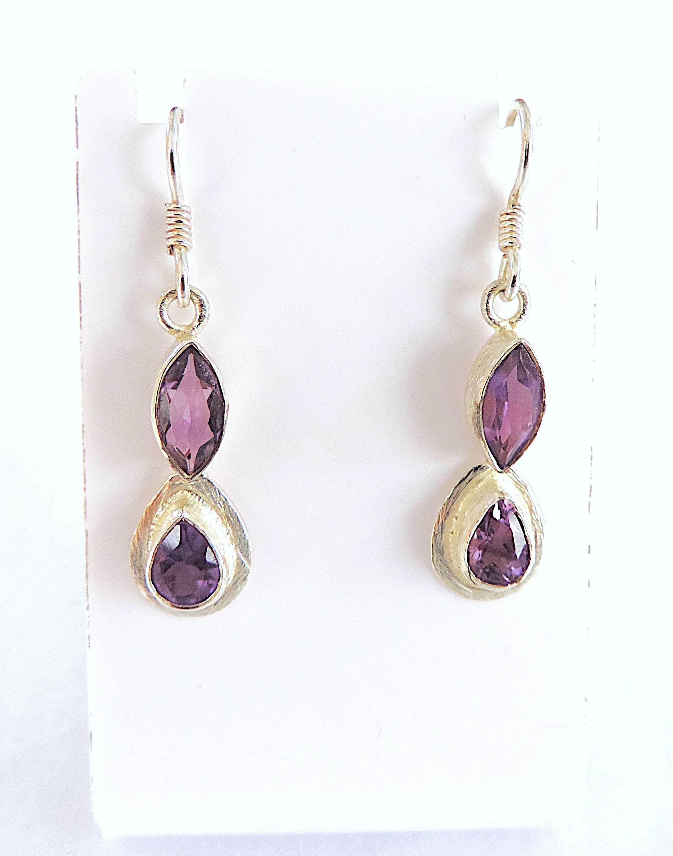925 Silver Amethyst Gemstone Drop Earrings 'NEW'