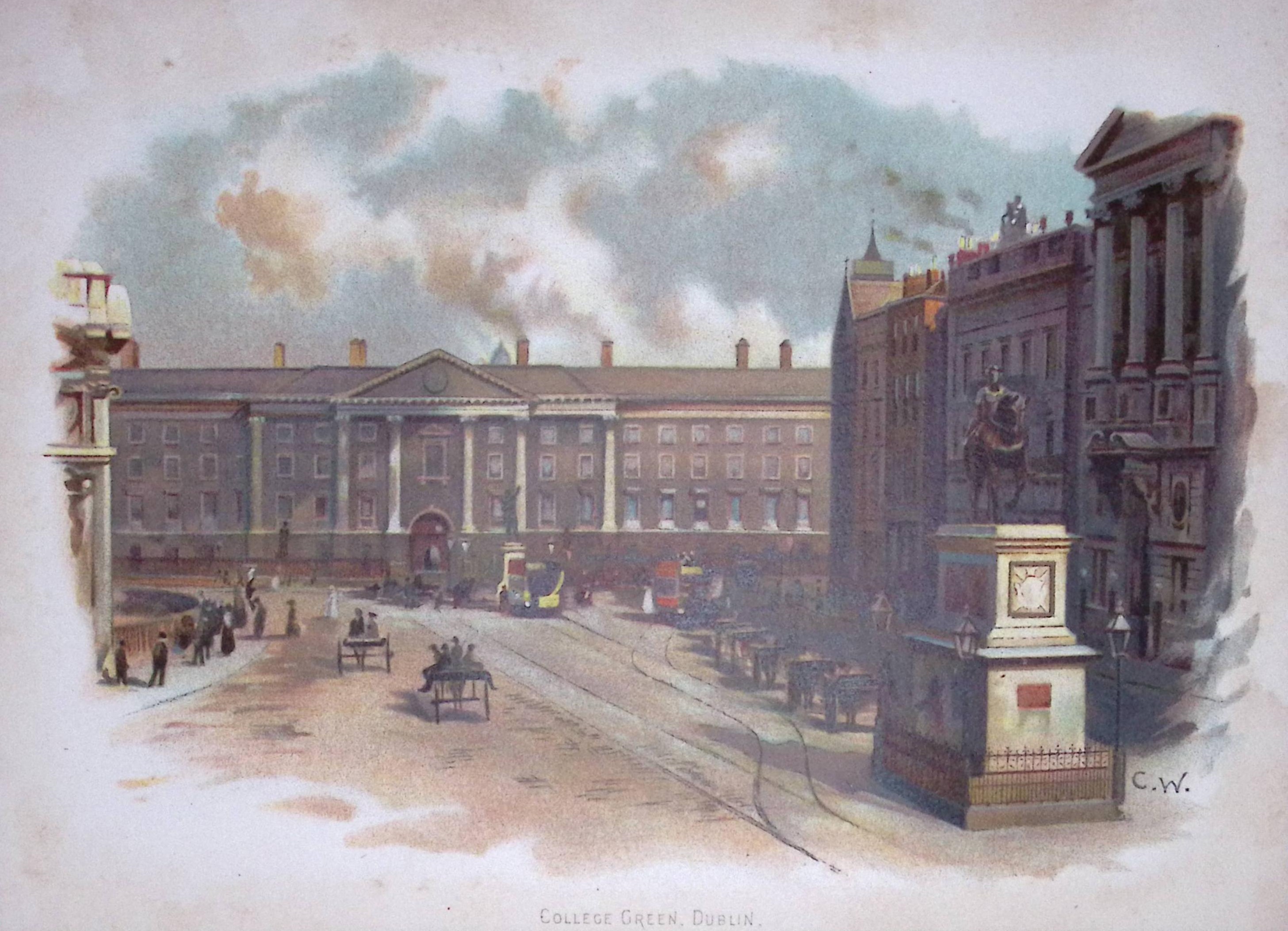 Dublin College Green Ireland Antique Coloured Chromolithograph 15-TR
