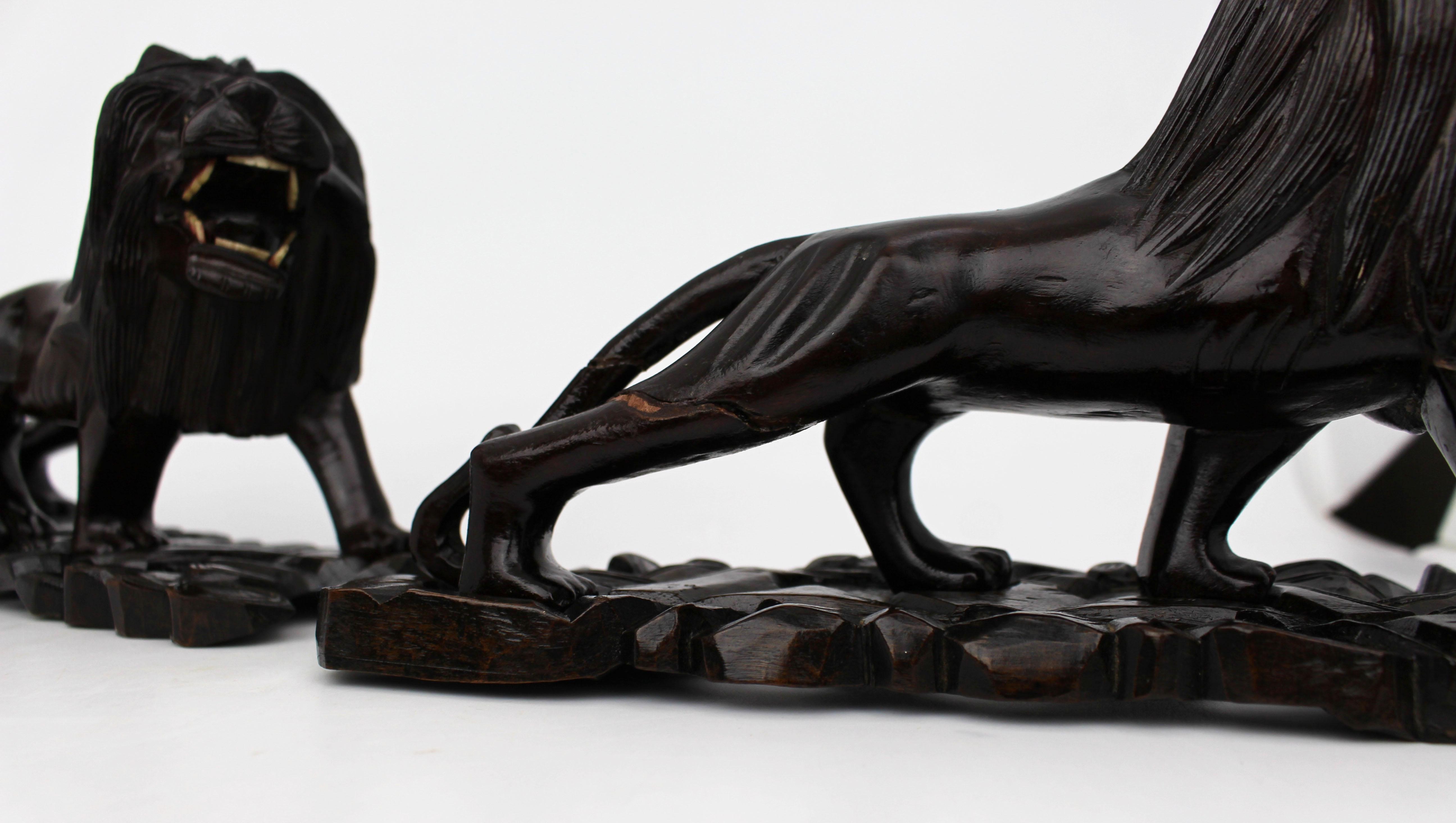 Pair of Antique African Carved Ironwood Lions c.1900