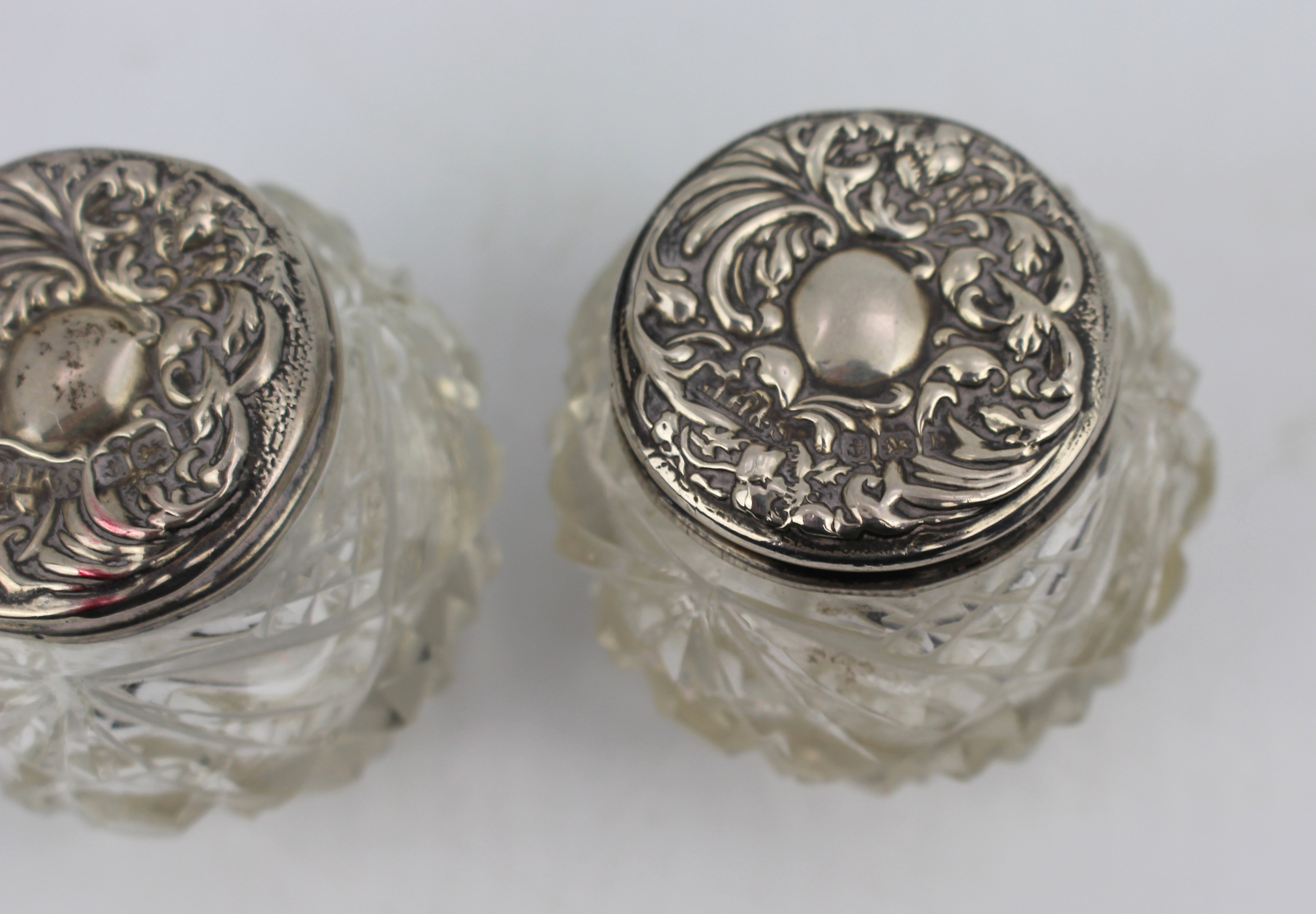 Pair of Cut Glass Silver Topped Pots Birmingham 1907 Henry Hobson