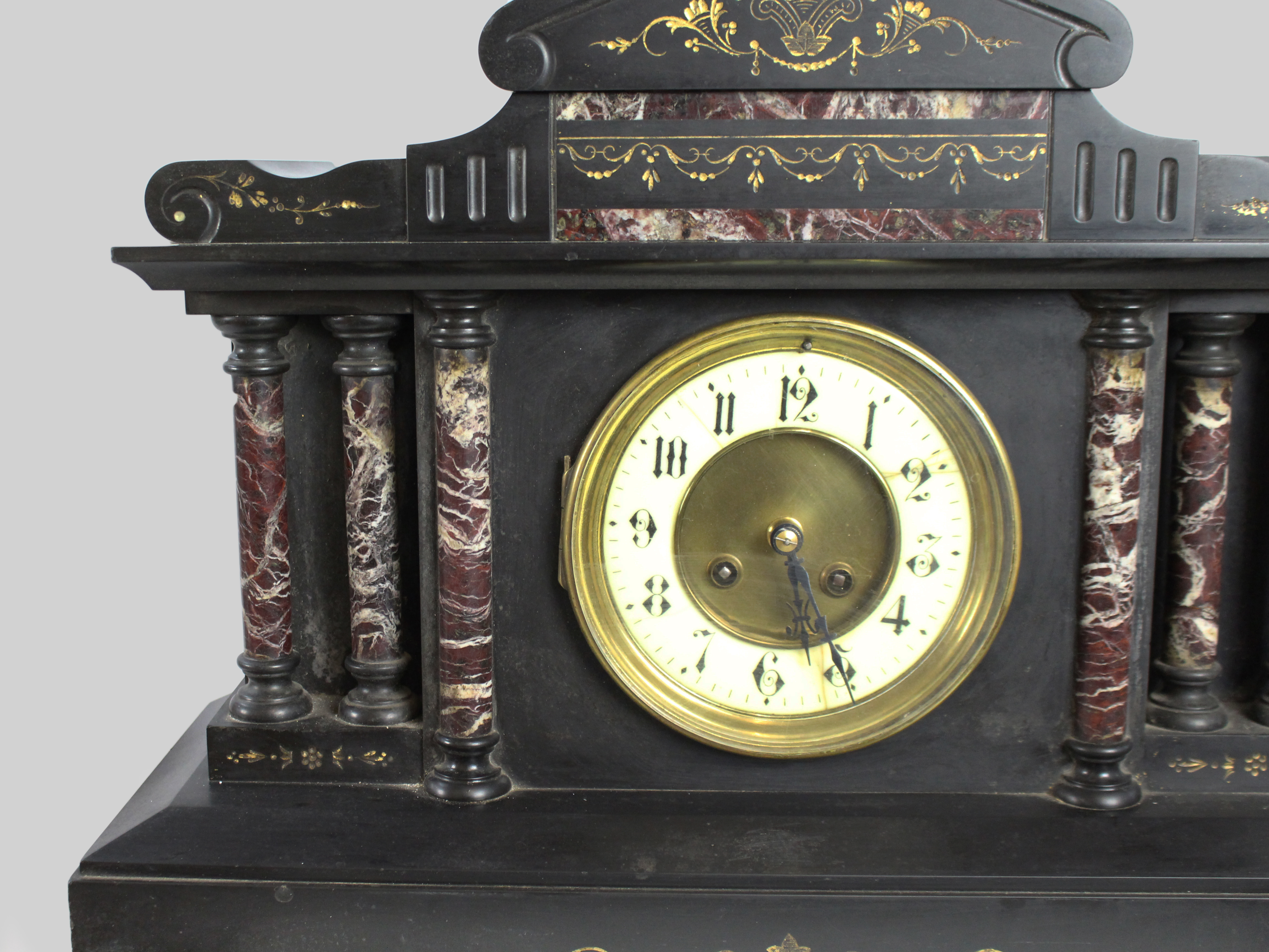 Victorian Black Marble Mantel Clock with Rouge Marble Columns c.1860