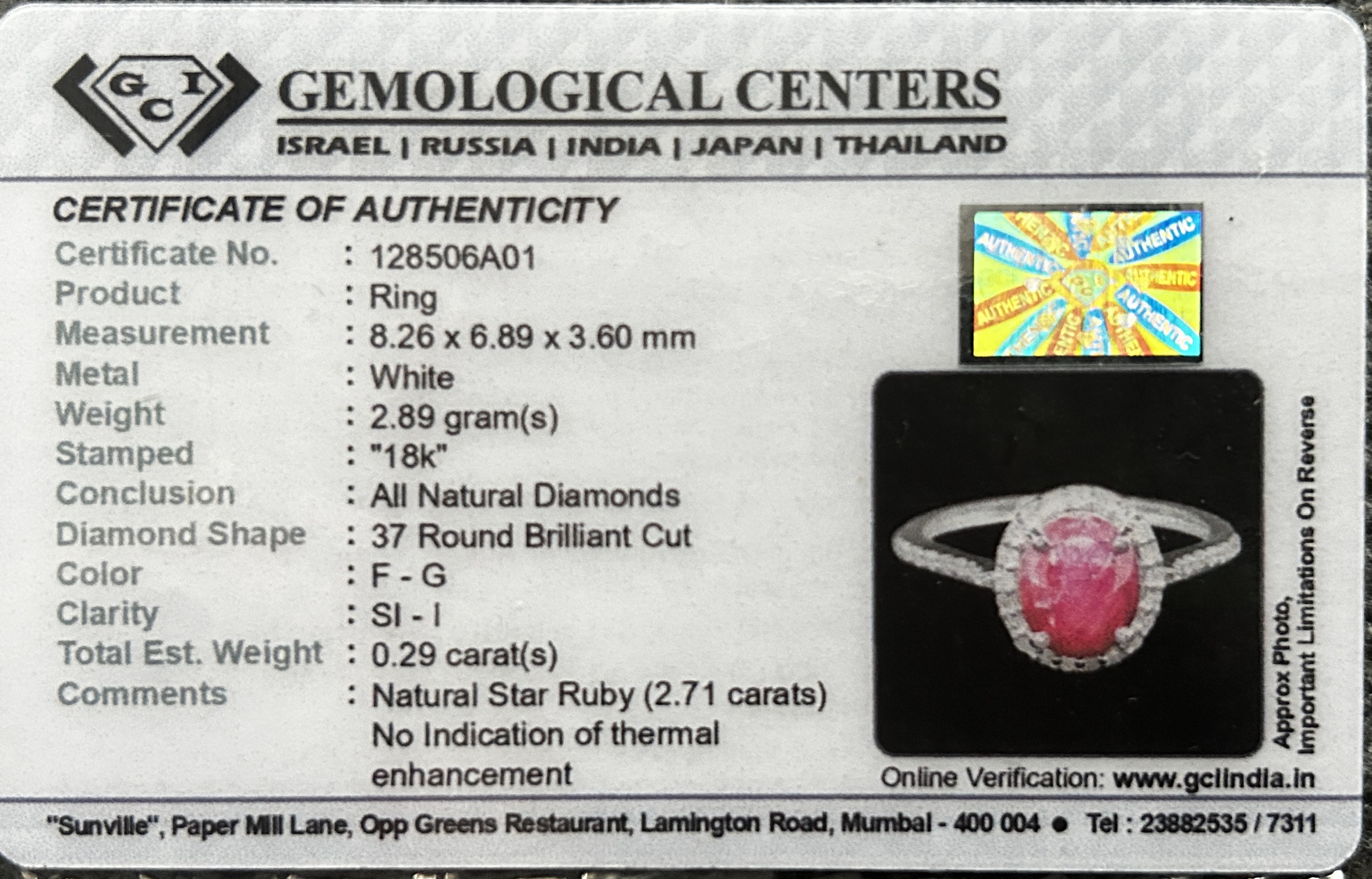 Natural Star Ruby Ring 2.71ct With Natural Diamonds & 18k Gold