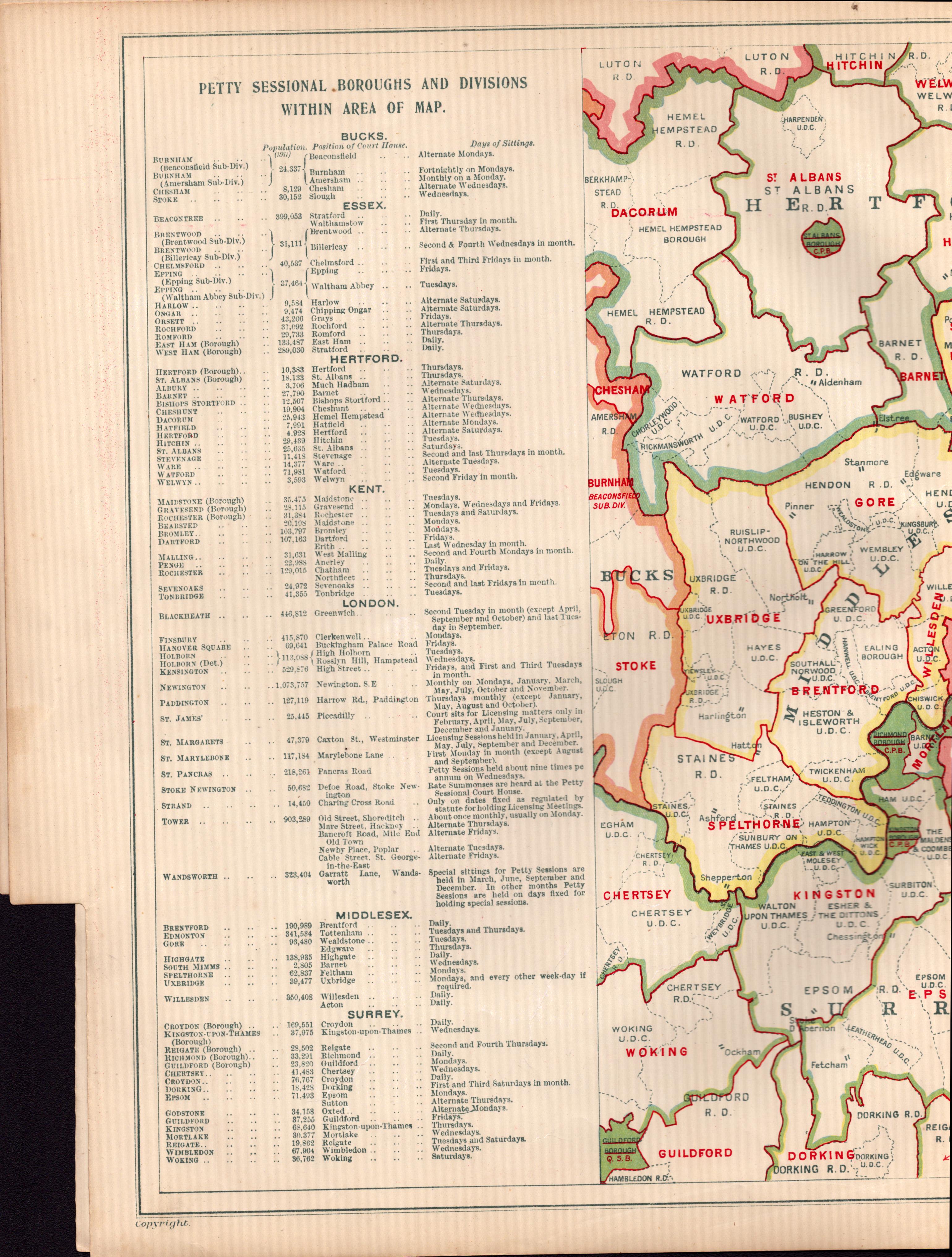 Bacons Vintage London Suburbs Court Petty Sessions  Detailed Map.
