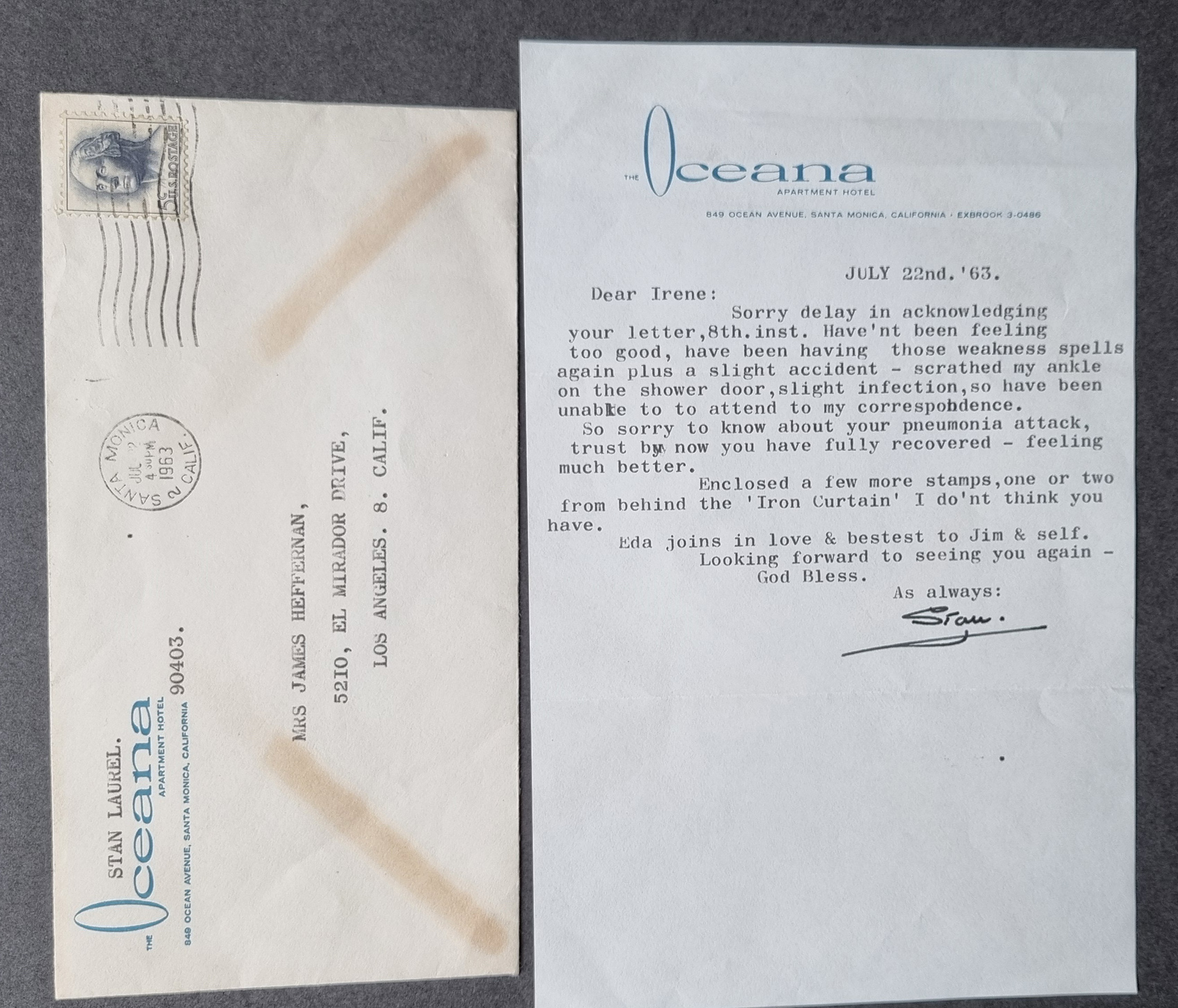 Stan Laurel Signed Letter With Envelope