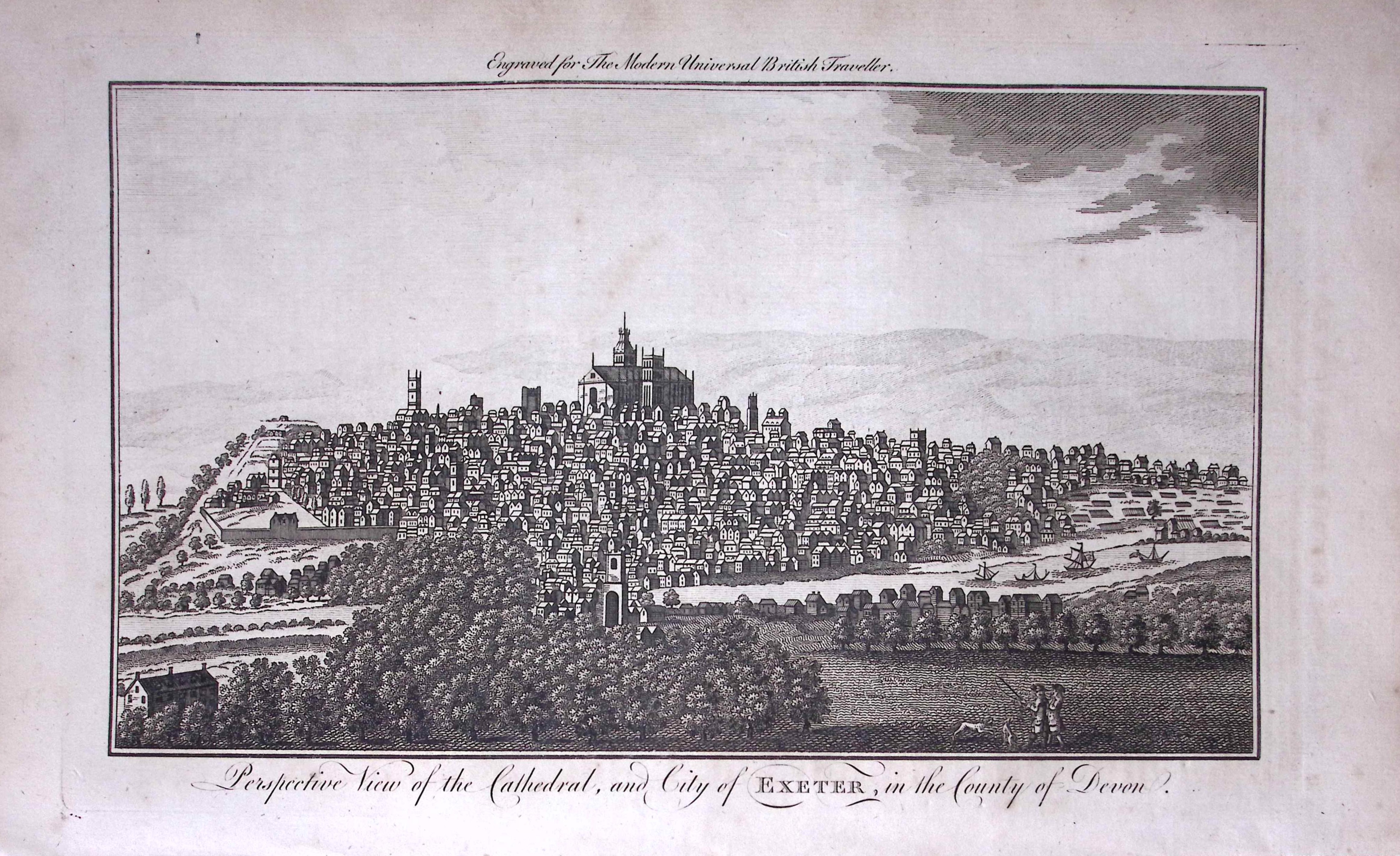 Exeter City & Cathedral Rare Large 247-Year-Old Antique Copperplate Engraving -16-TR