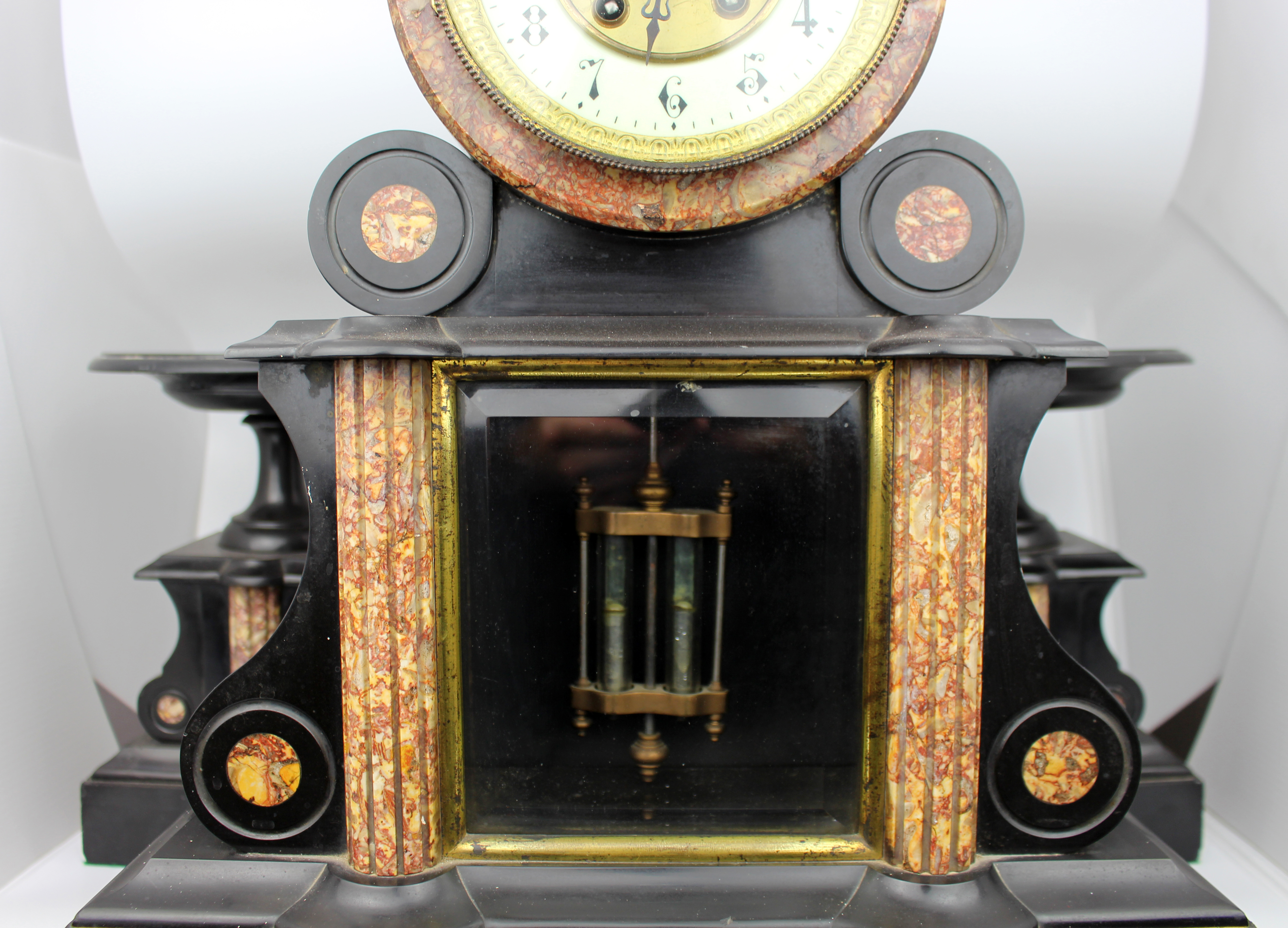 Mid-19th Century French Japy Frères Black Marble Clock Garniture Set