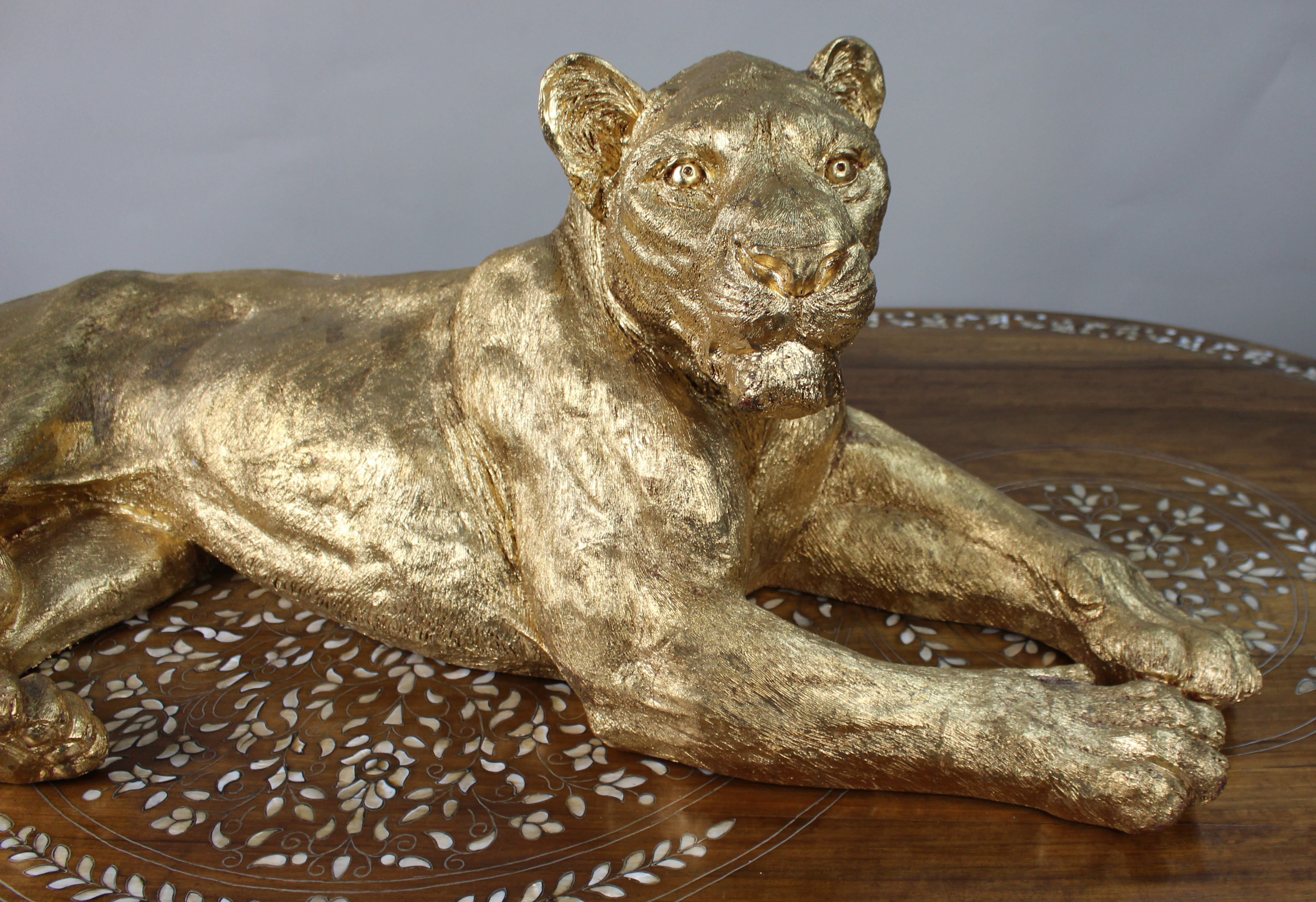 Large Reclining Lioness Sculpture Resin with Hand-Applied Gold Leaf Finish