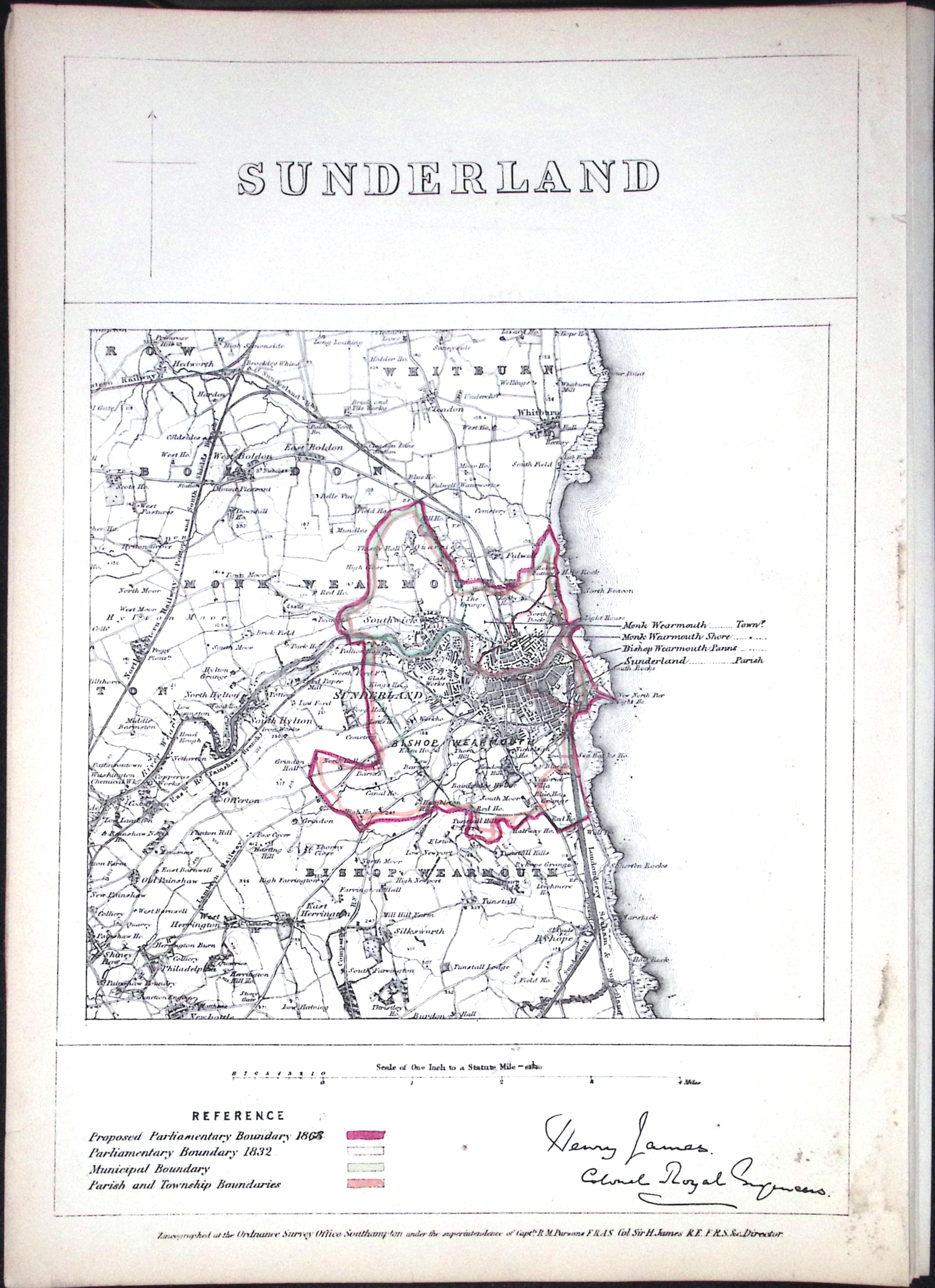 Sunderland Tyne & Wear Boundary Commission 157-Year-Old  Coloured Antique Map.