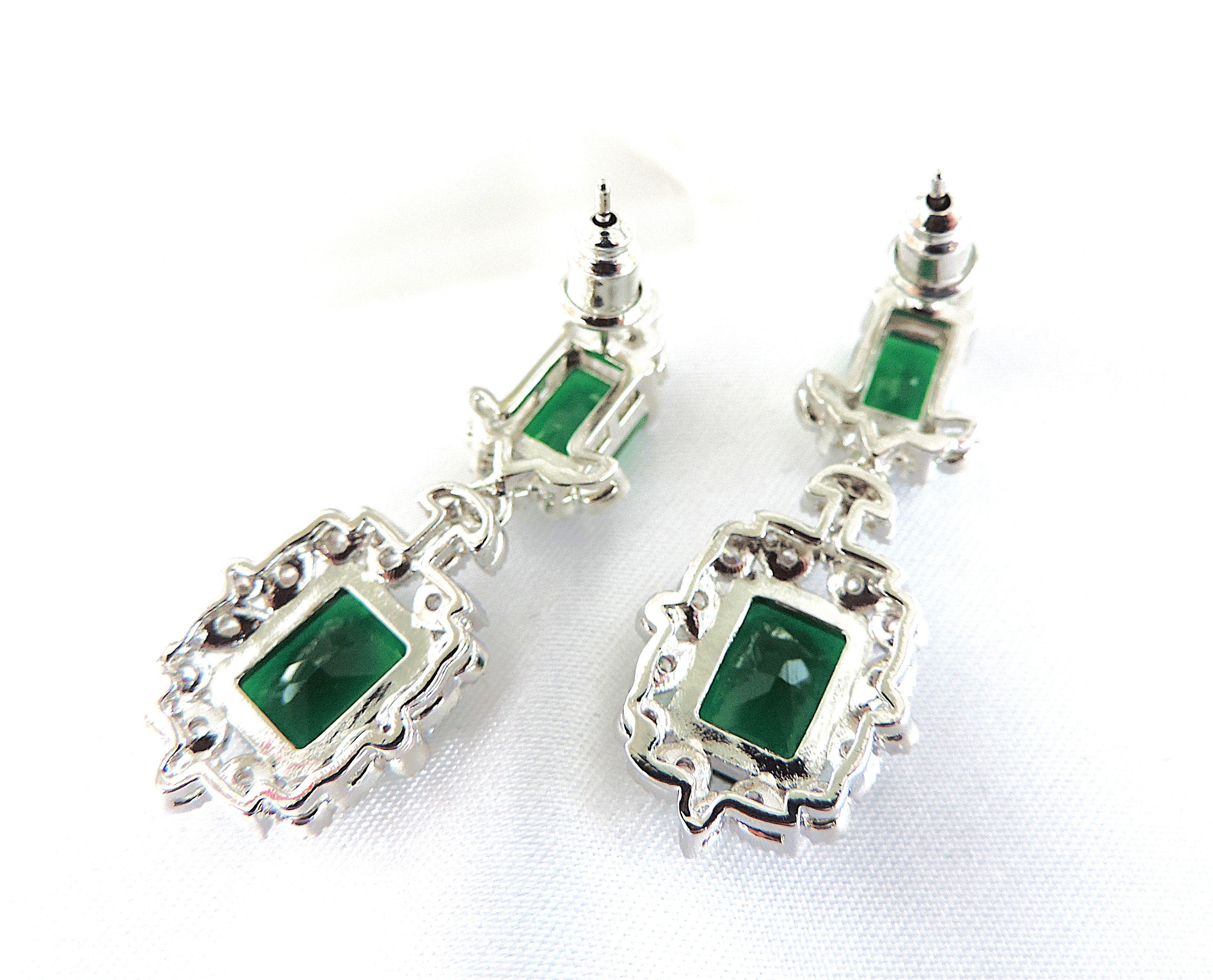 Emerald Green & White Zircon Drop Cocktail Earrings 'New'