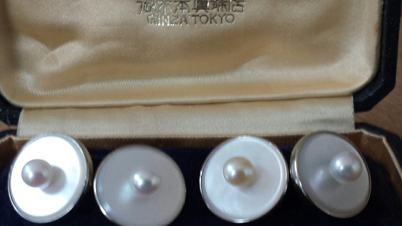 A Rare Pair of Vintage "14k" White Gold Mikimoto Pearl and Mother-of-Pearl Cufflinks