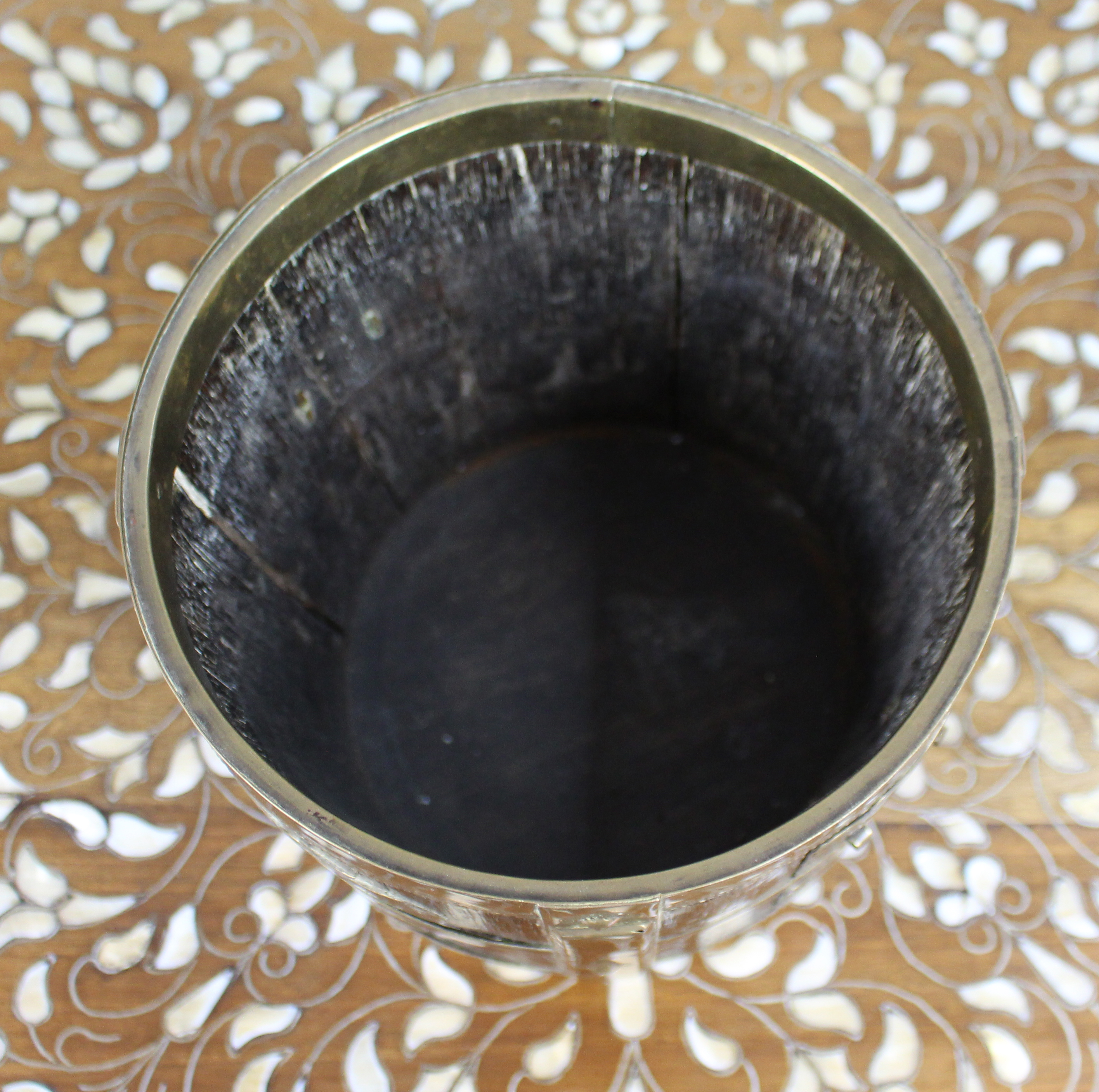 Early 20th Century Indian Brass-Mounted Wooden Bucket with Zodiac Animal Motifs