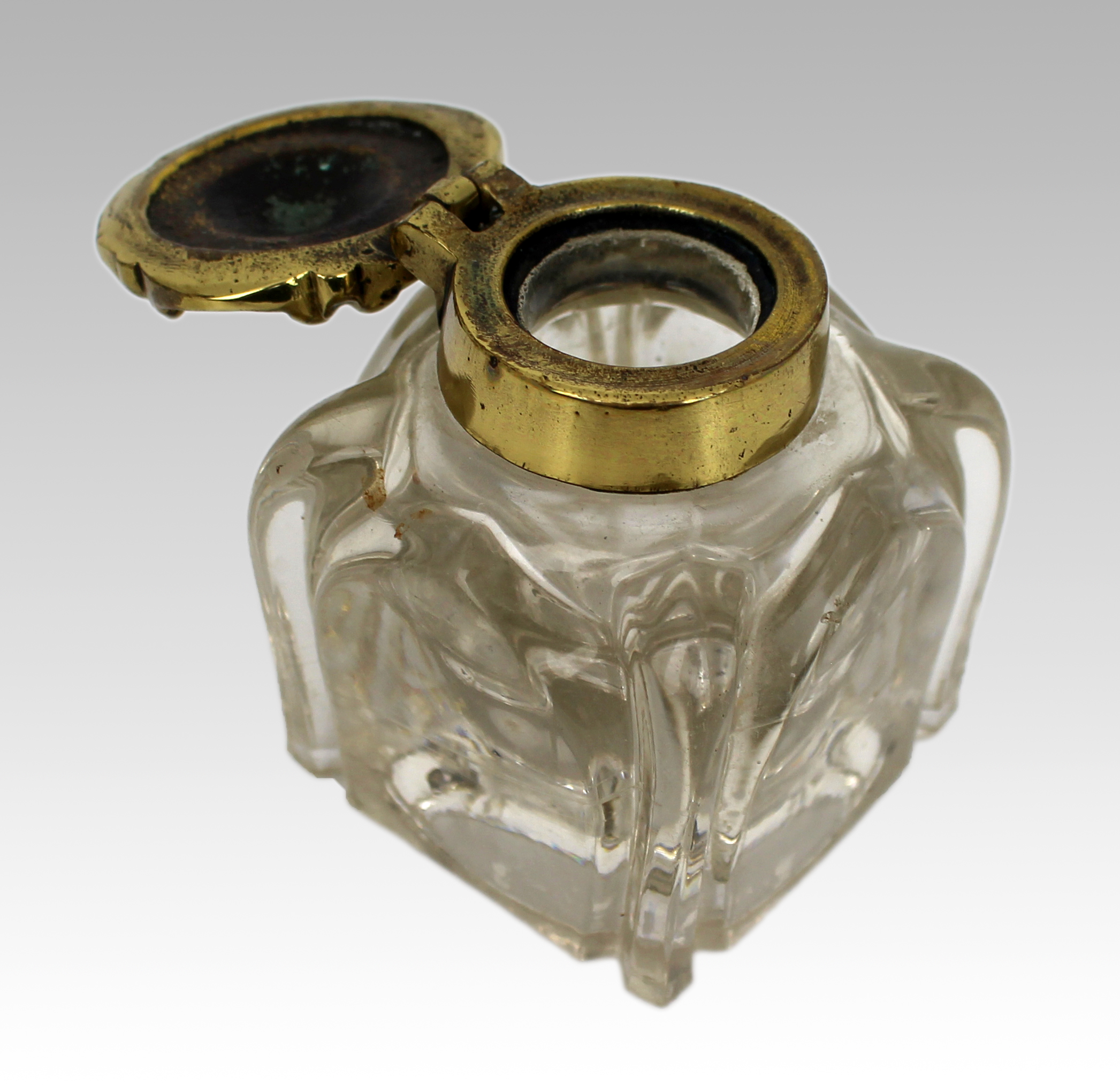 Antique Cut Glass and Brass Crown-Top Inkwell, c. 1900