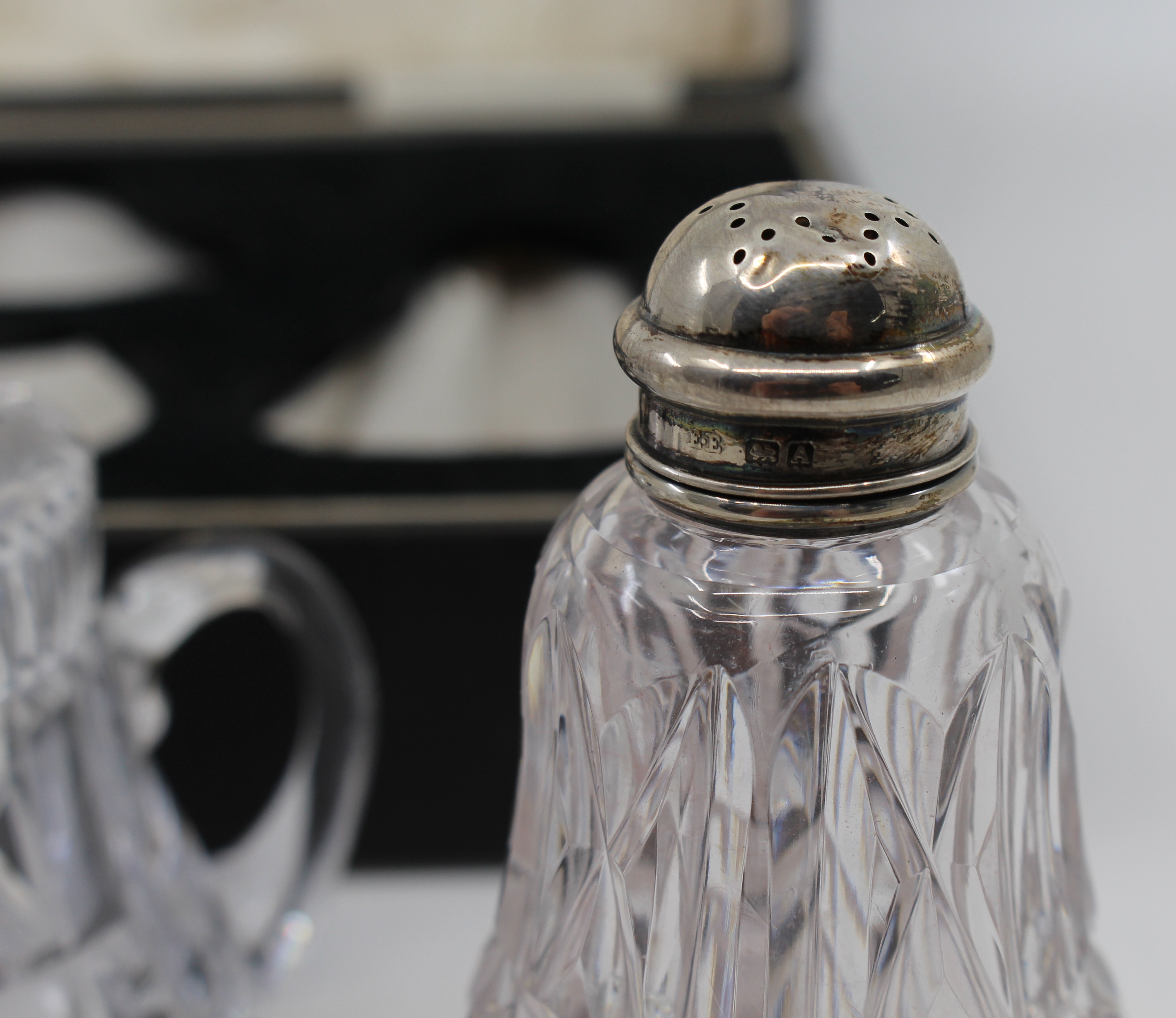 Cased John Walsh Crystal & Silver Cruet Set 1925