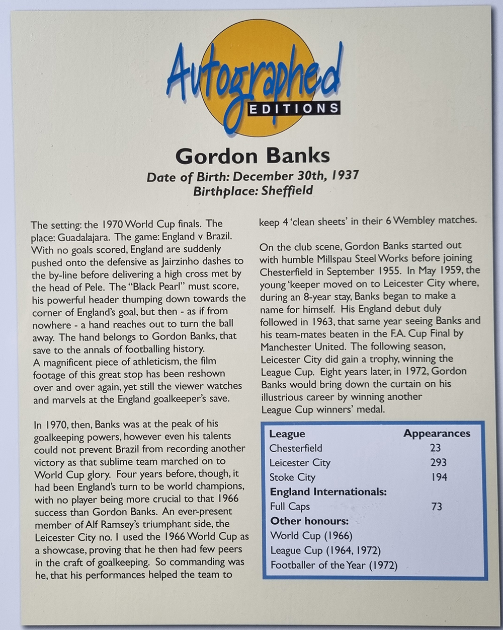 Gordon Banks Signed Photograph