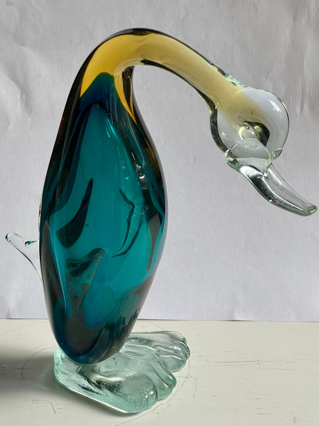 Vintage Blue and Yellow Art Glass Murano Style Duck