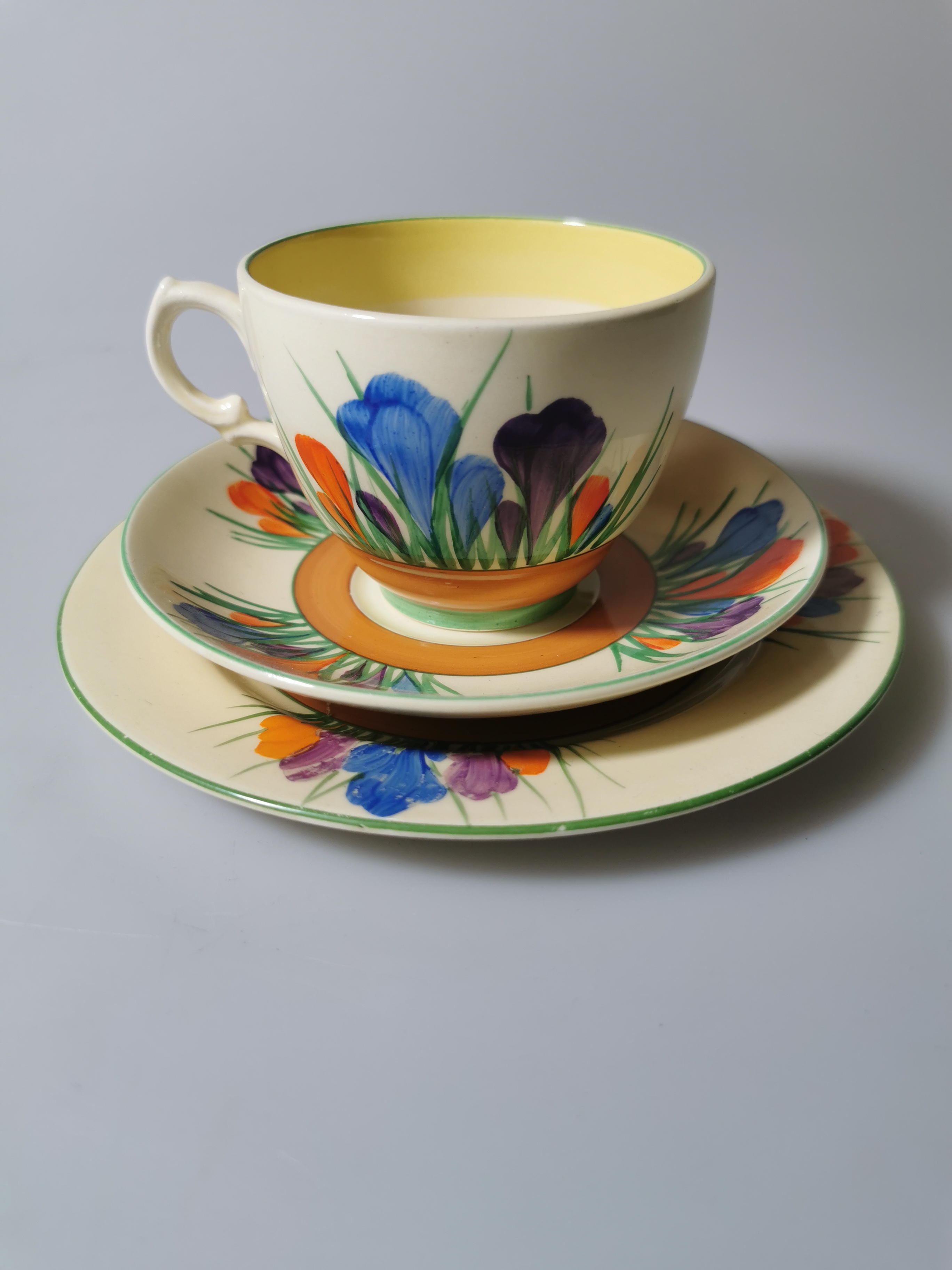 Clarice Cliff “Crocus” Cup, Saucer & Tea Plate Trio